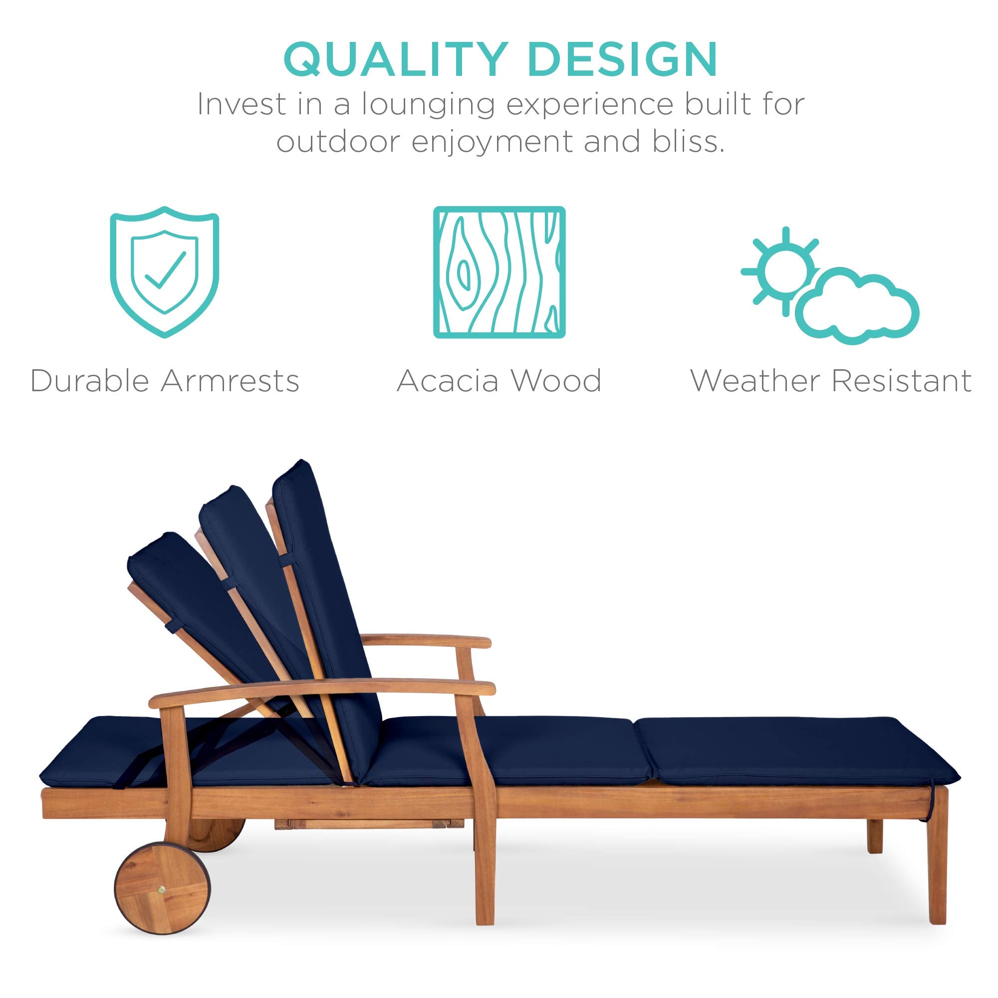 79x26in Acacia Wood Chaise Lounge Chair with Adjustable Backrest