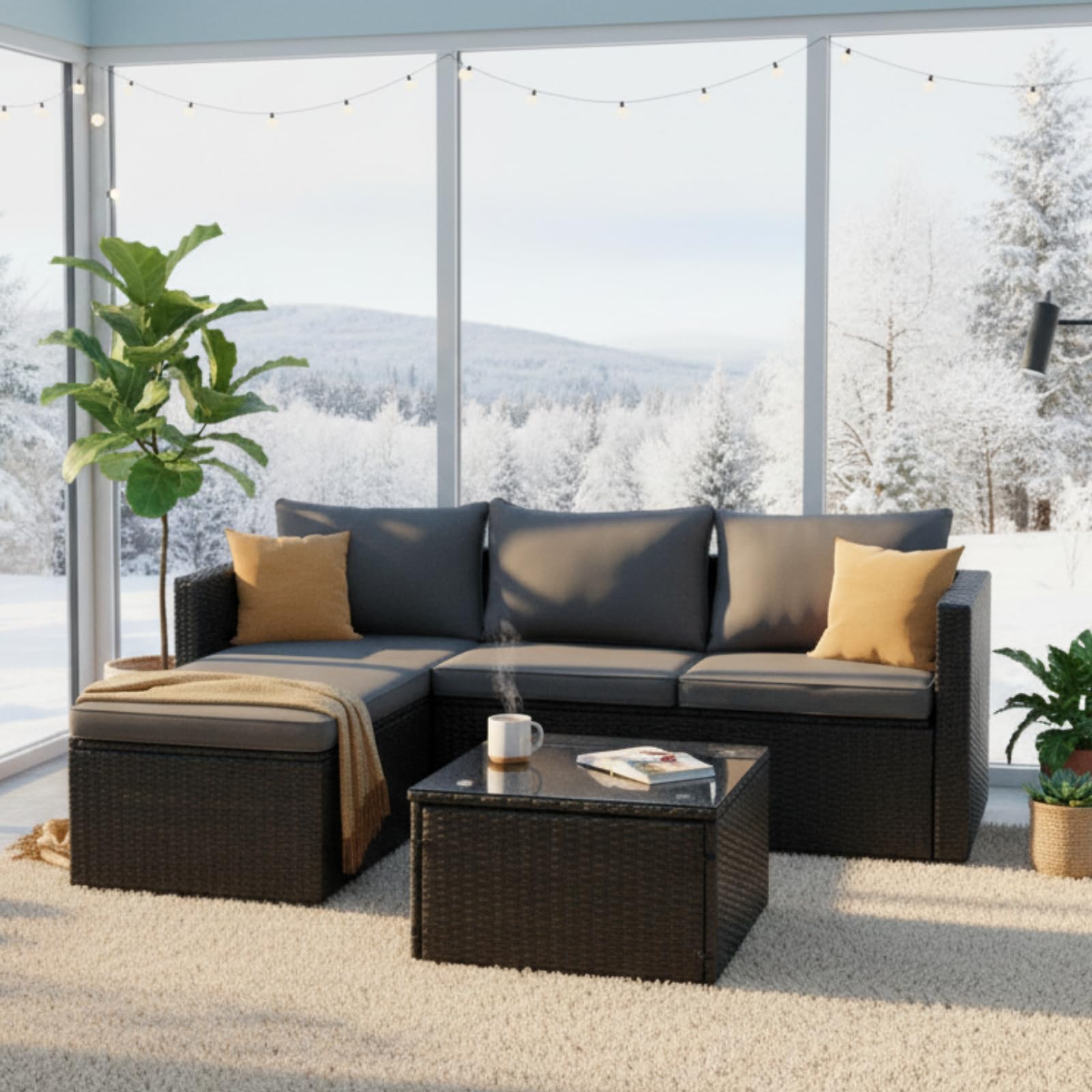 3-Piece Wicker Patio Sectional Sofa Set with Coffee Table