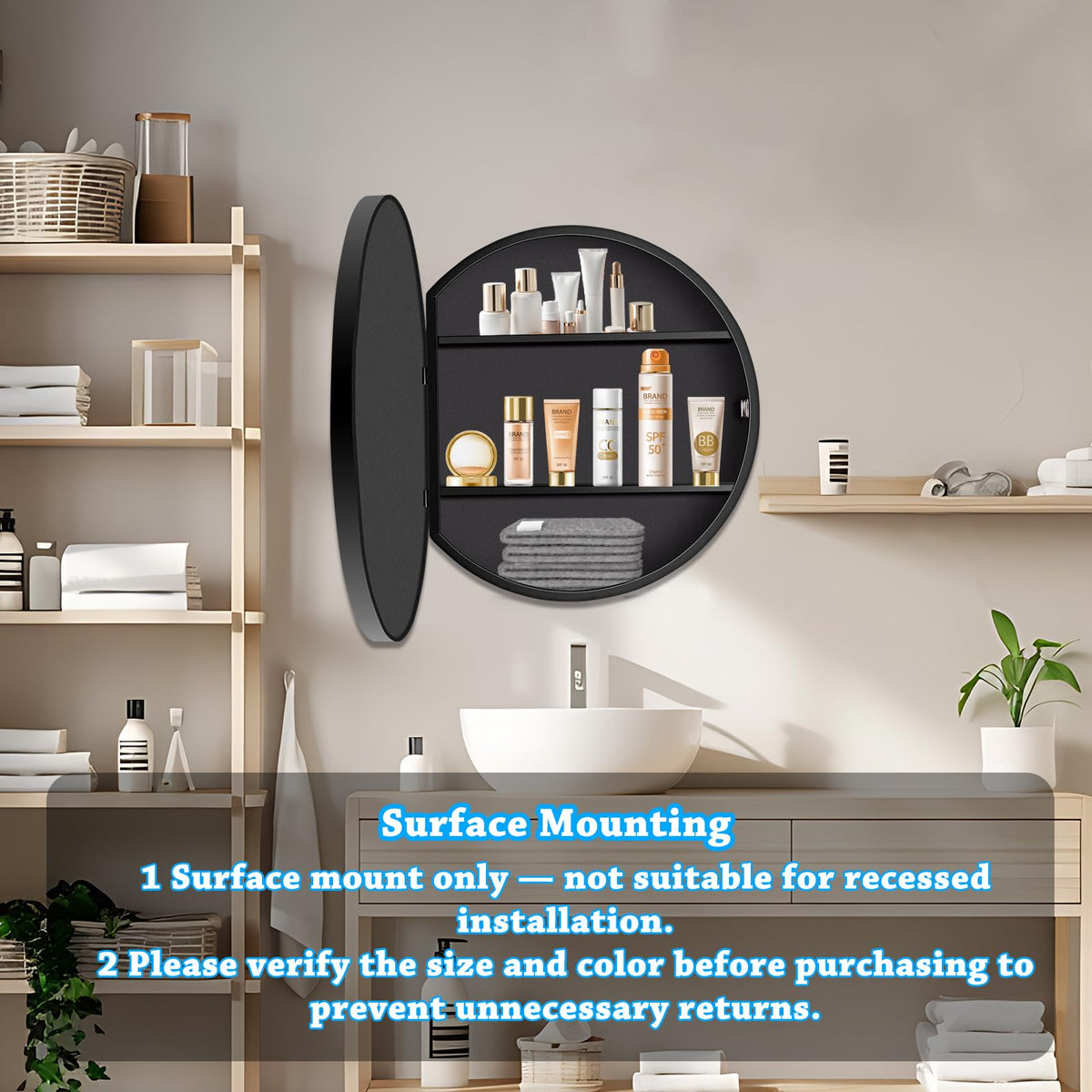 24 Inch Round Medicine Cabinet with Mirror - Black Metal Frame