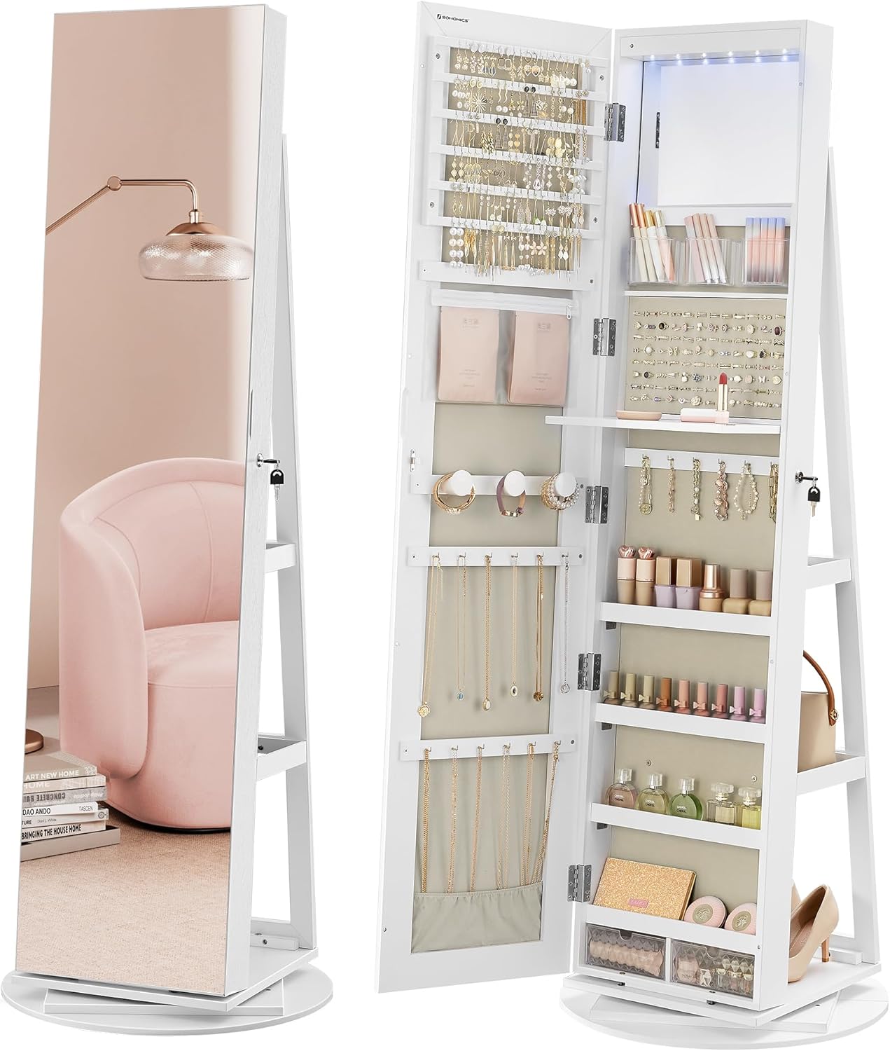 6 LED Lockable Mirror Jewelry Cabinet with 360° Swivel