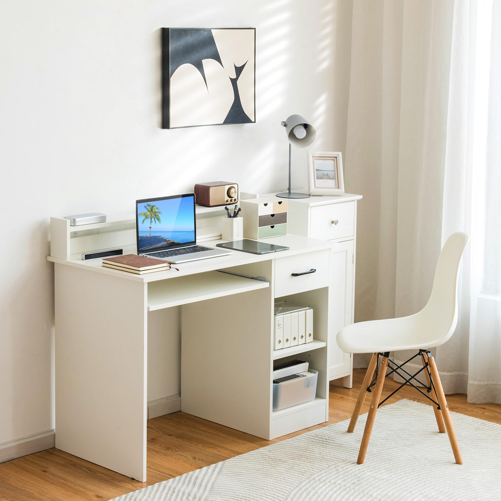 White Desk with Drawer and Keyboard Tray