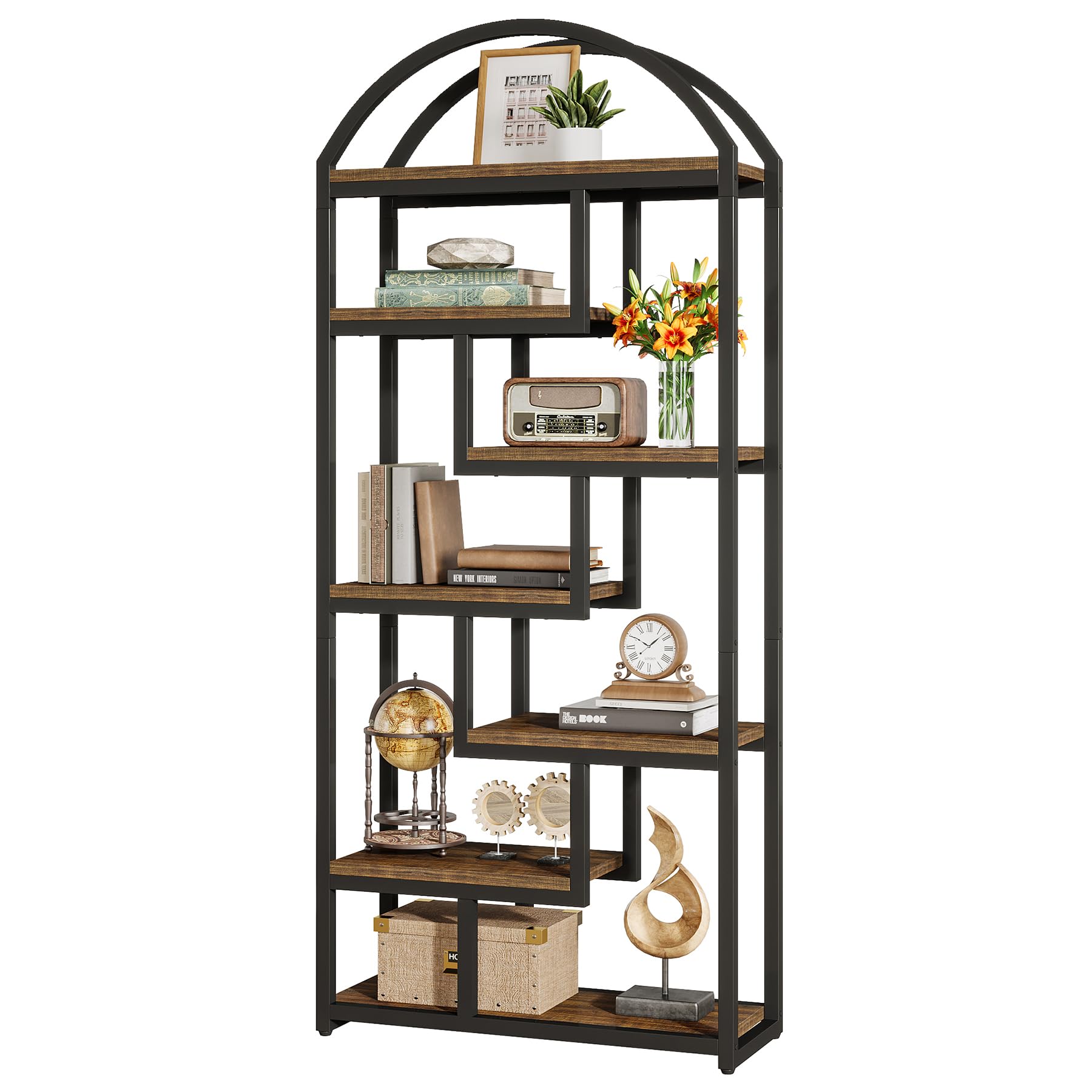 71" Tall Arched Bookshelf Industrial Etagere with Open Display Shelves