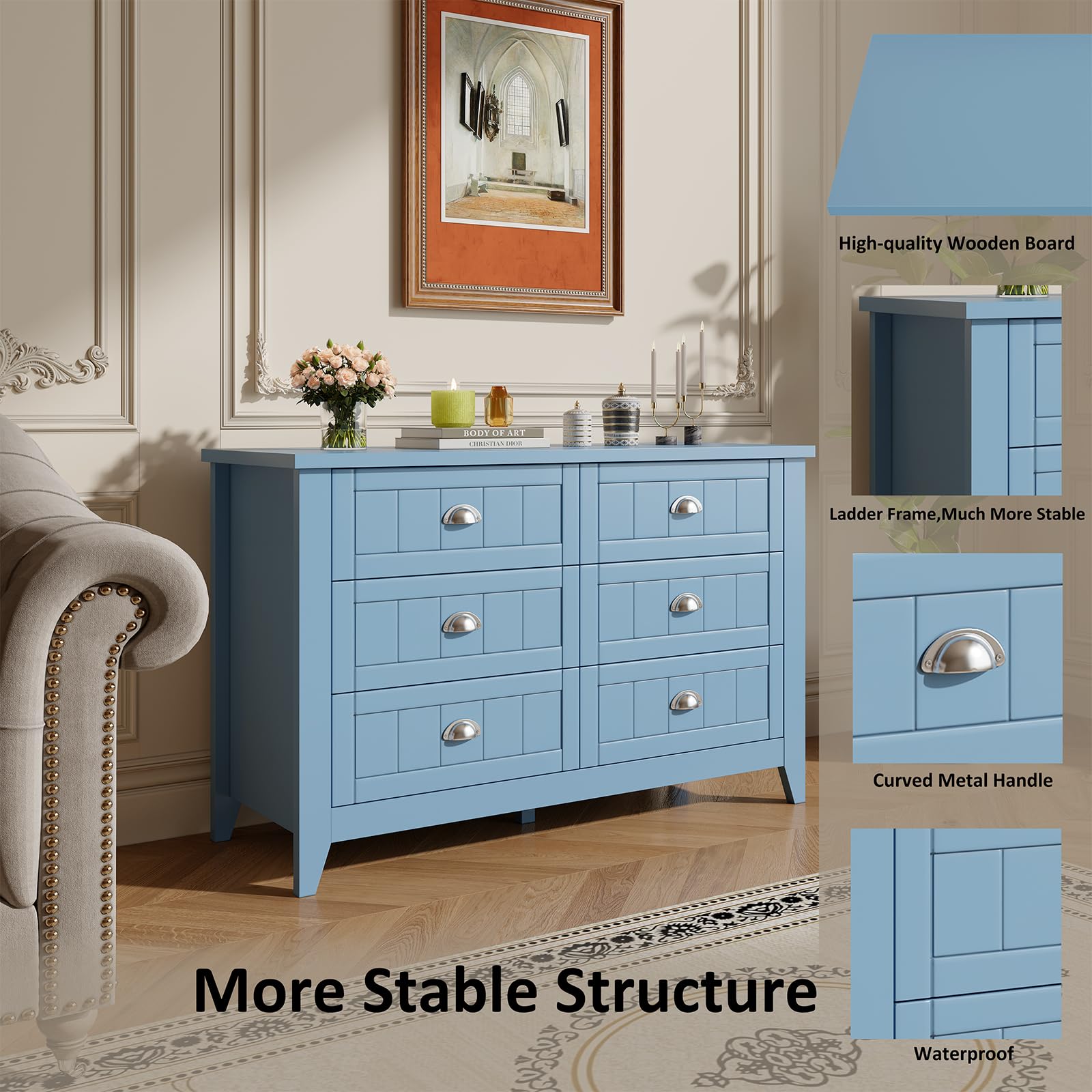 6 Drawer Dresser with Wood Top - Wide Chest of Drawers for Bedroom