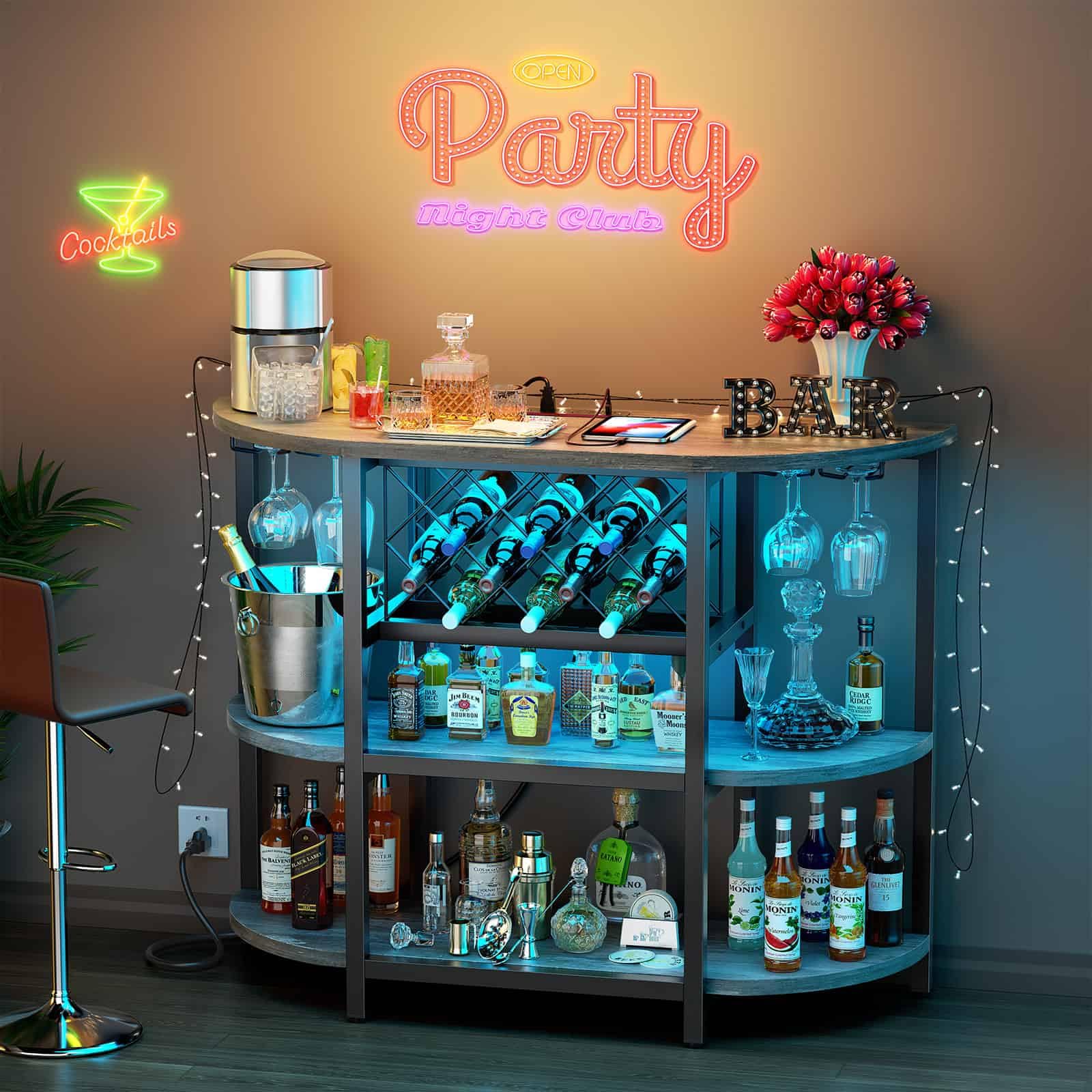 LED Bar Cart with Power Outlet and 4-Tier Storage