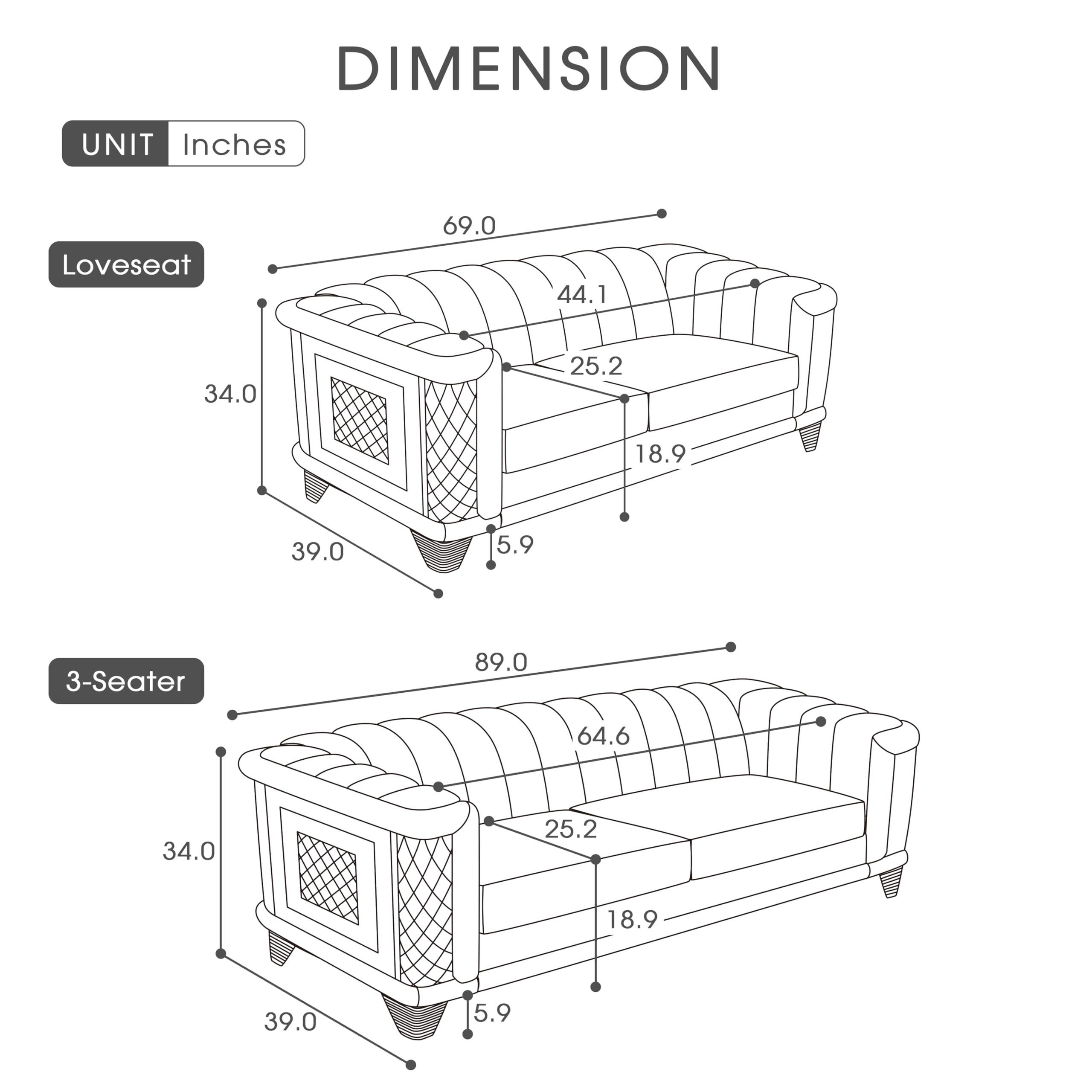 2-Piece Velvet Luxury Sofa Set with Gold Trim