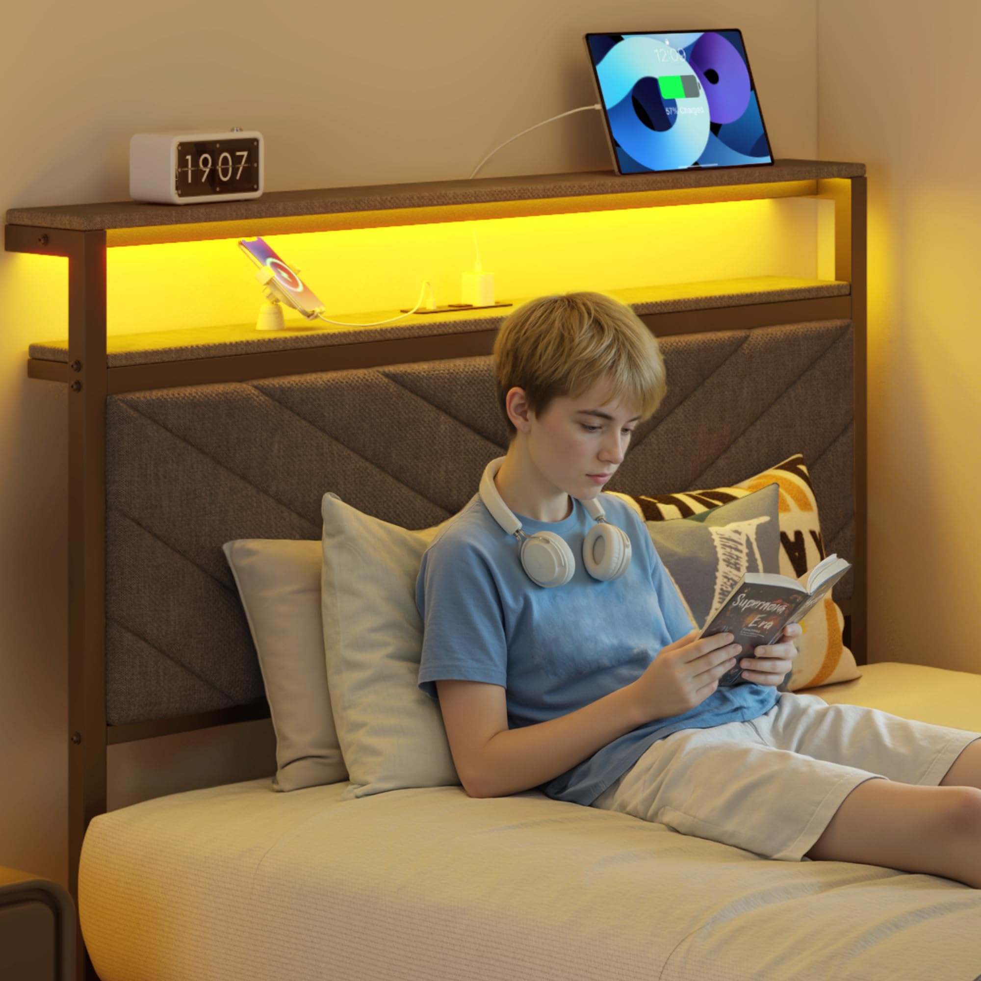 Twin Bed Frame with Charging Station and LED Lights