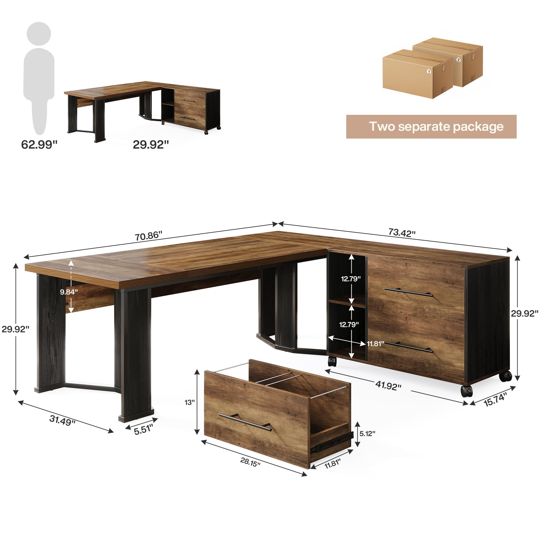 70.86" L-Shaped Executive Desk with Mobile File Cabinet