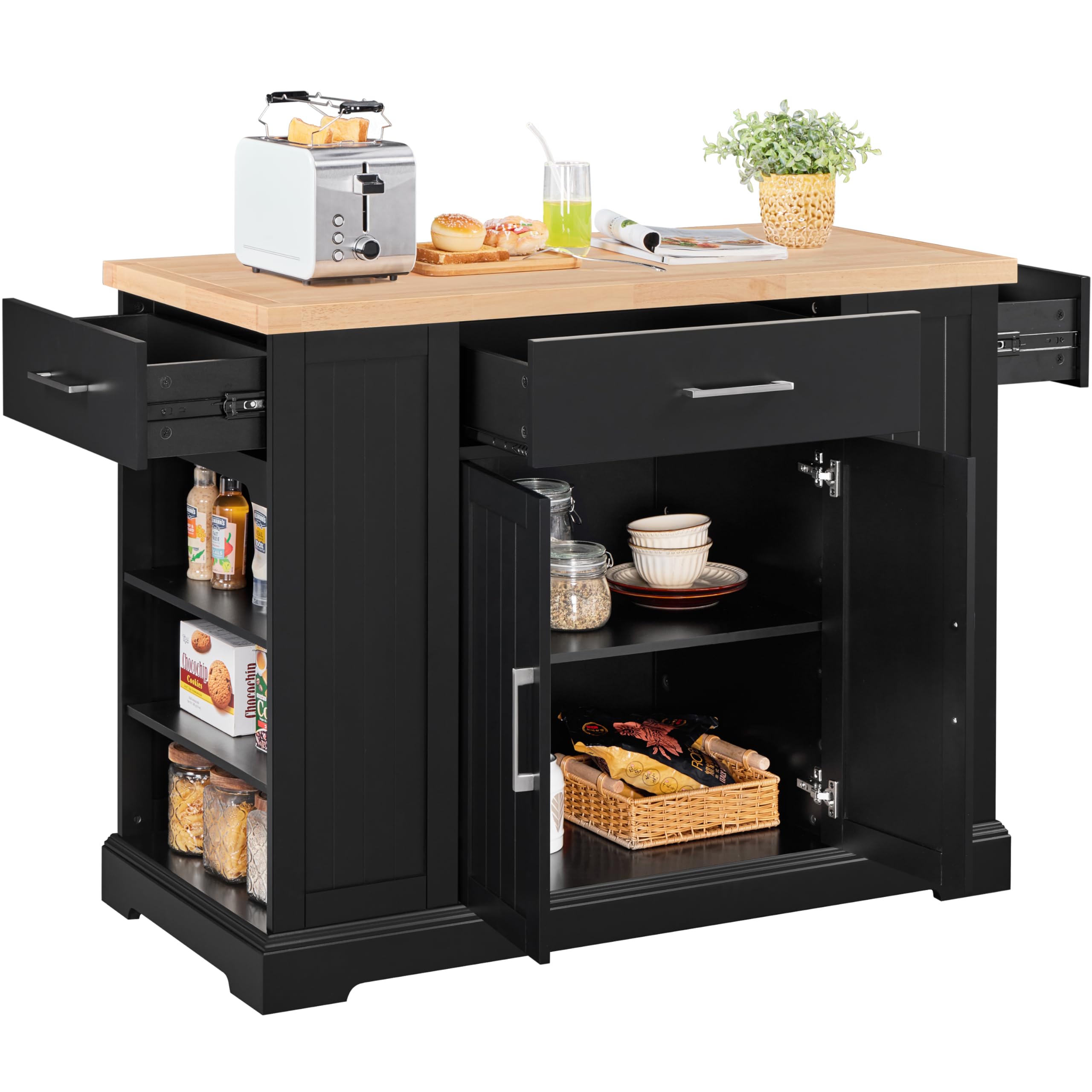 Kitchen Island on Hidden Wheels with Rubberwood Top