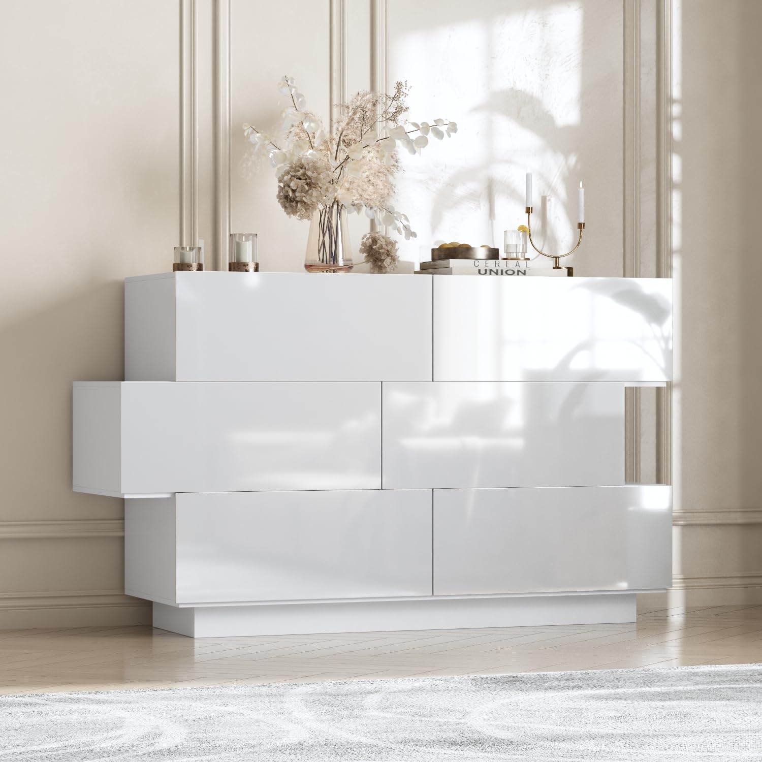 Modern High Gloss 6-Drawer Dresser with Asymmetrical Design