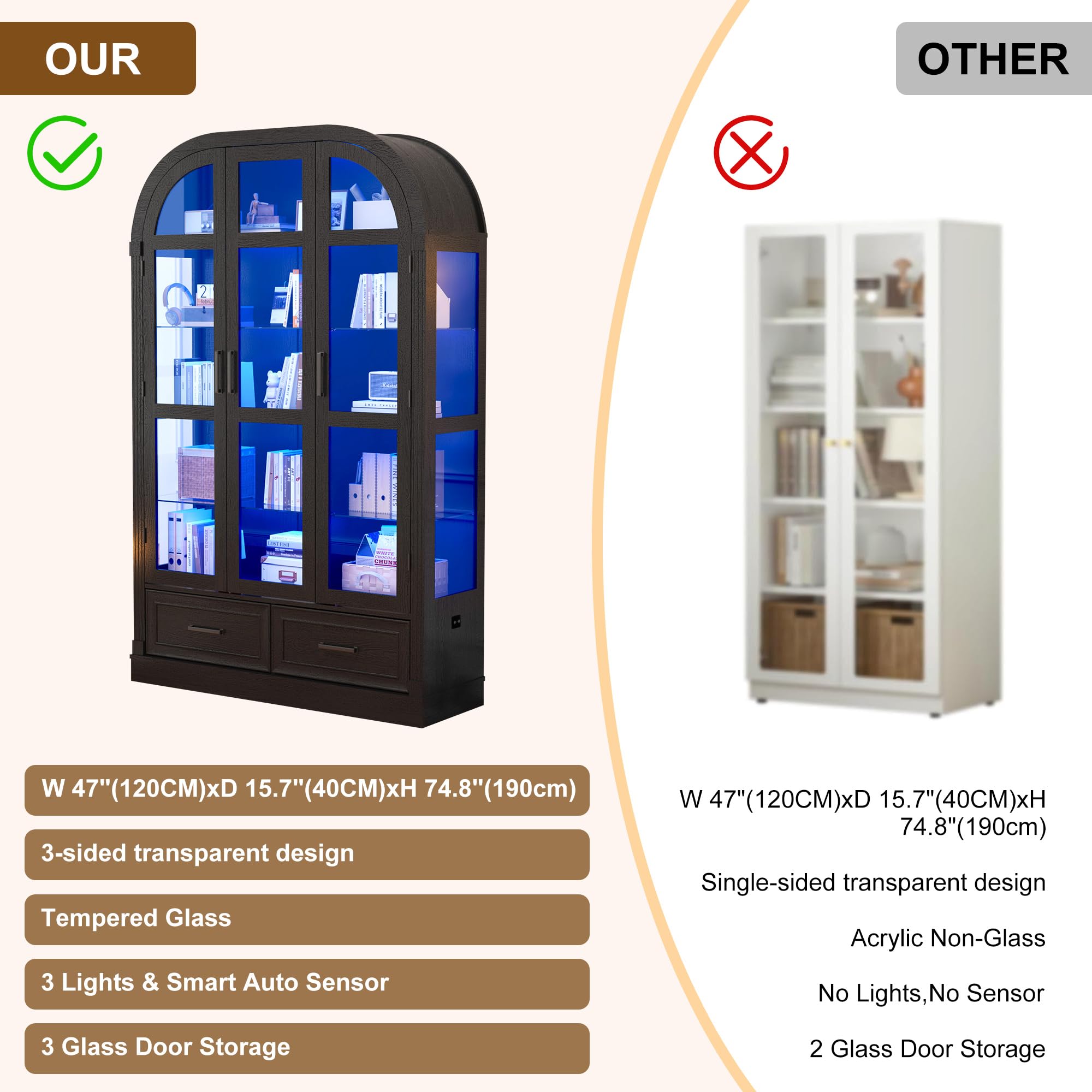 3-Door Glass Display Cabinet with LED Lights