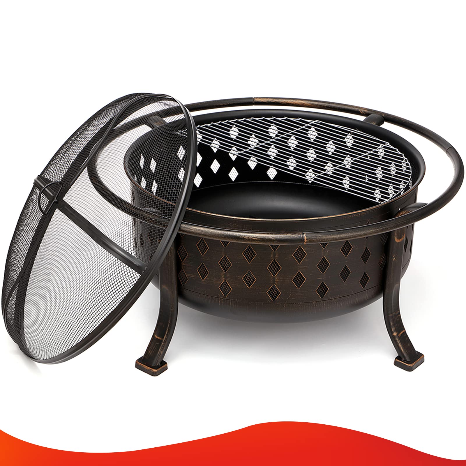 36 Inch Outdoor Wood Burning Fire Pit with BBQ Grate