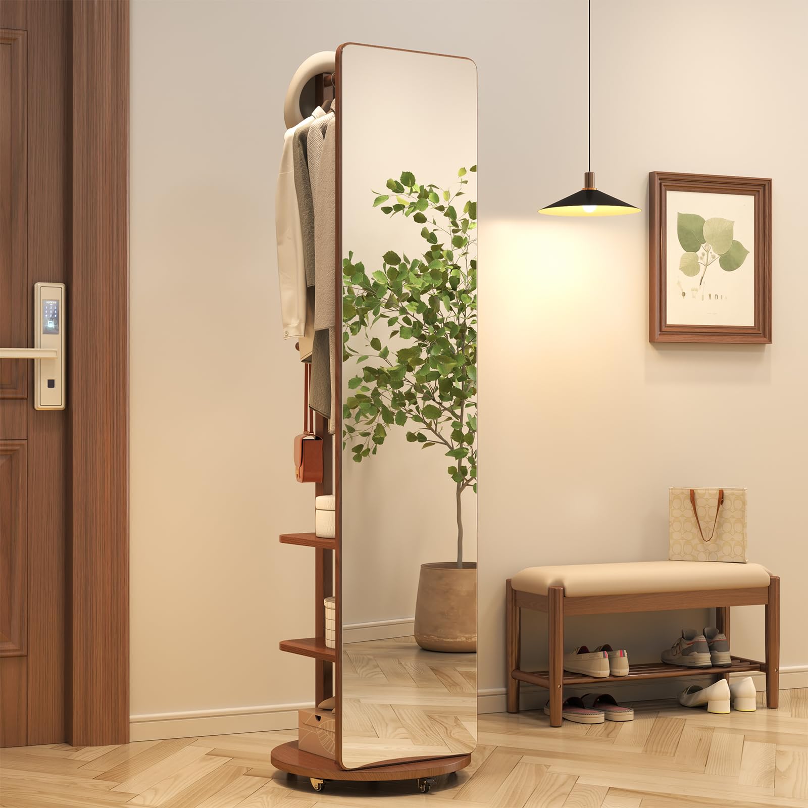 Solid Wood Full Length Mirror Coat Rack with Wheels