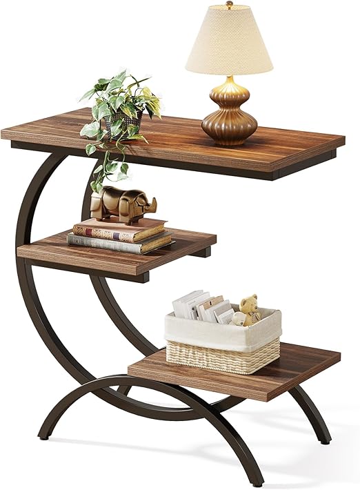 C-Shaped End Table with Storage Shelves