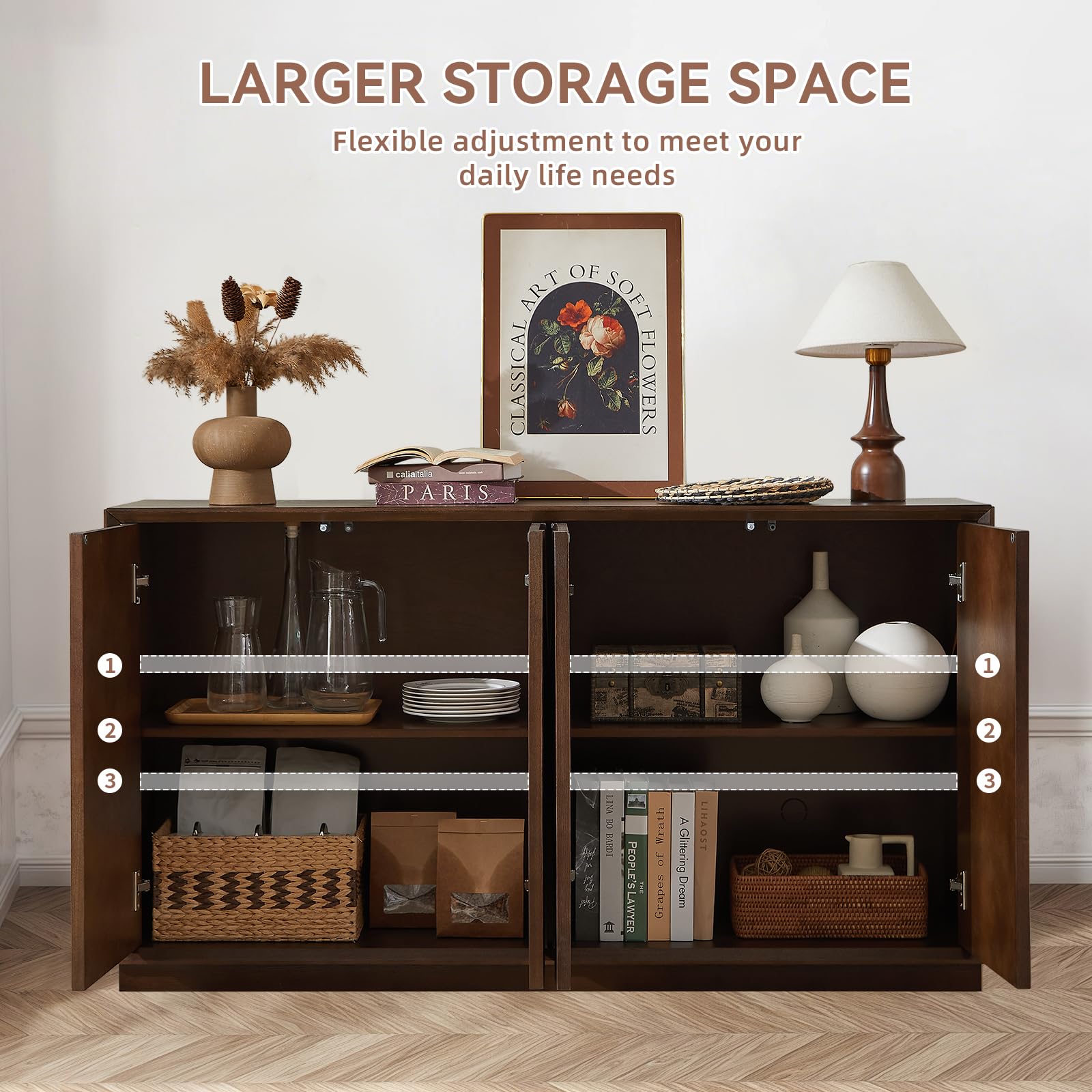 Walnut Sideboard Buffet Cabinet with 4 Doors