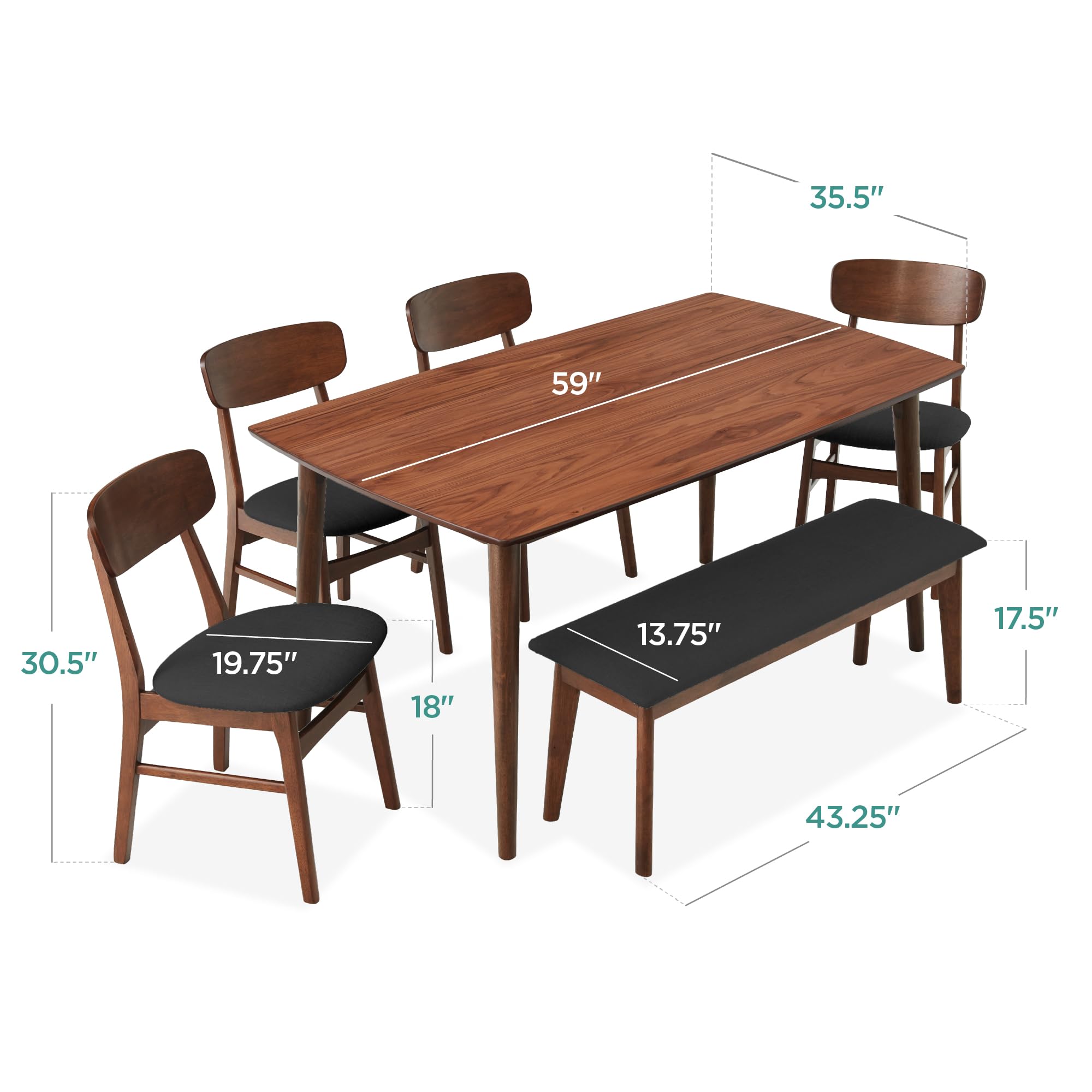 6-Piece Wooden Dining Set with Bench and Upholstered Chairs