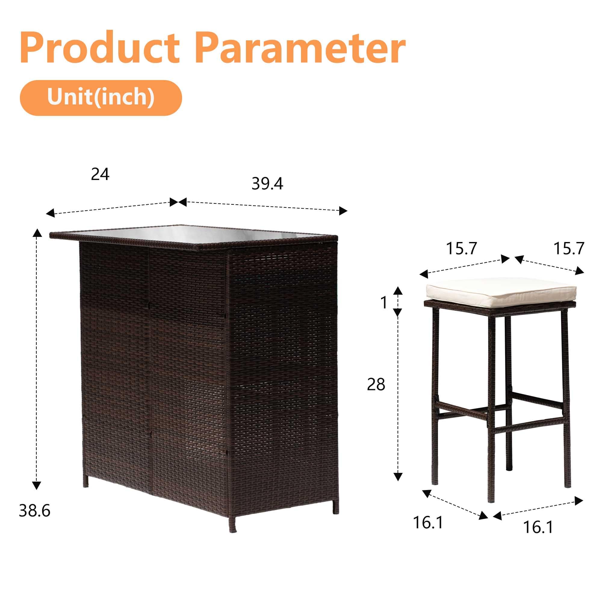 Rattan Bar Set with Glass Top and 2 Stools