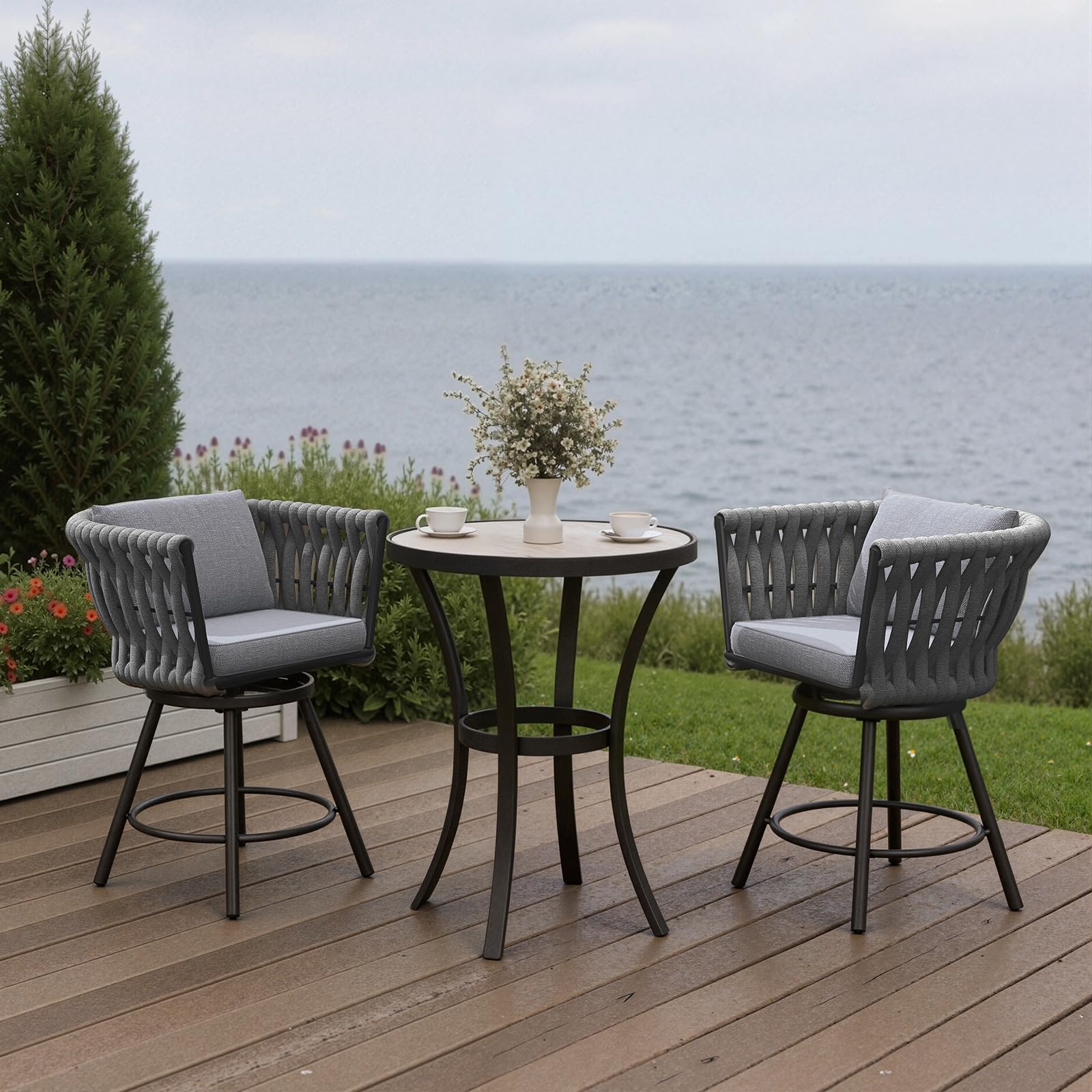 3-Piece Outdoor Swivel Bar Stool Set with Table