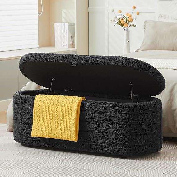 Upholstered Storage Ottoman Bench 45 Inch Blue Boucle