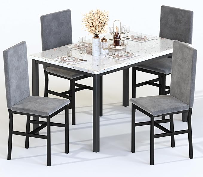 5 Pieces Dining Table Set with Faux Marble Top and 4 Upholstered Chairs