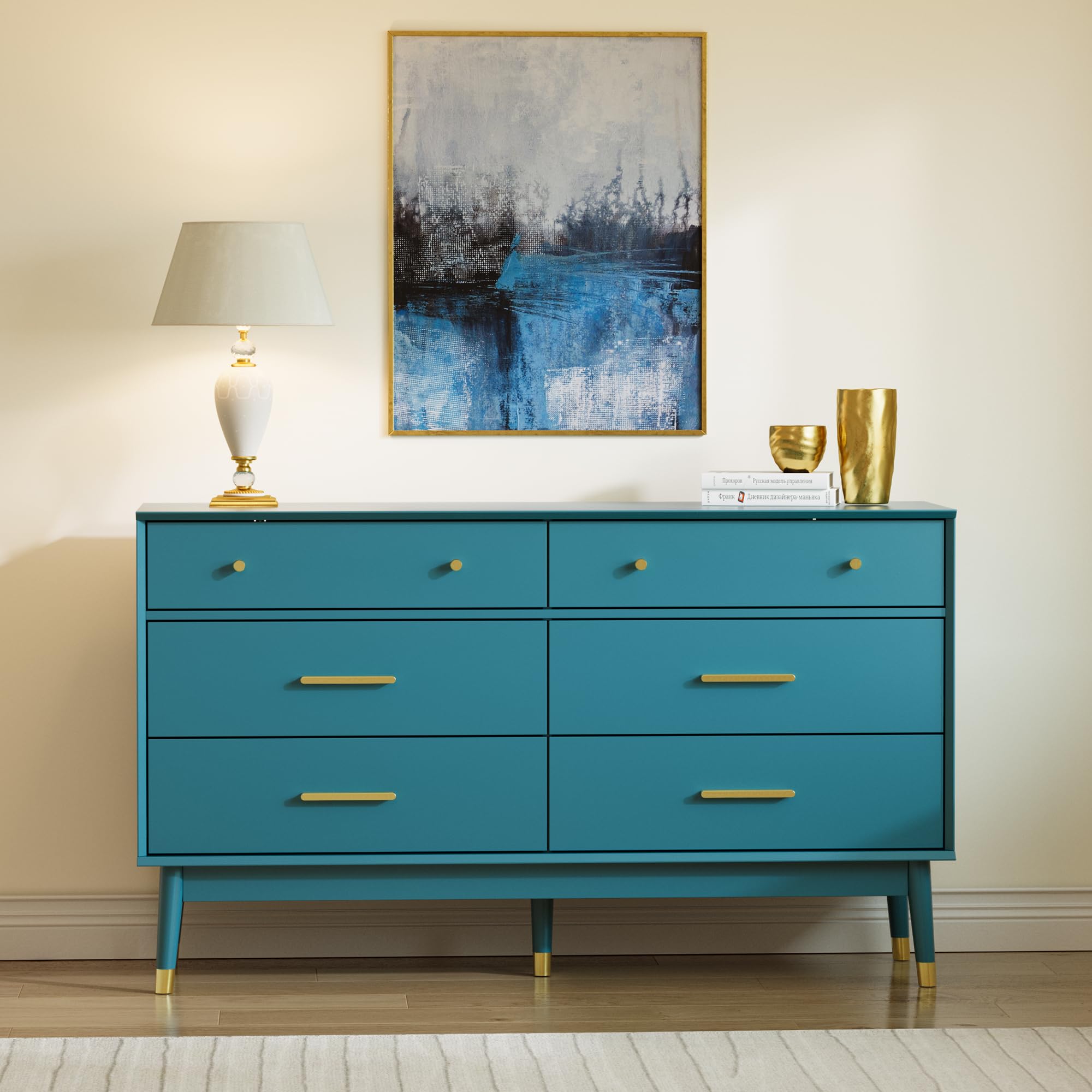 Teal Blue 6 Drawer Dresser with Gold Handles