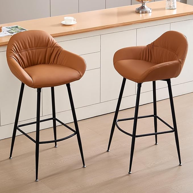 Mid Century Modern Barstool Set of 2 - PU Leather Counter Height Stools with Walnut Bentwood Back