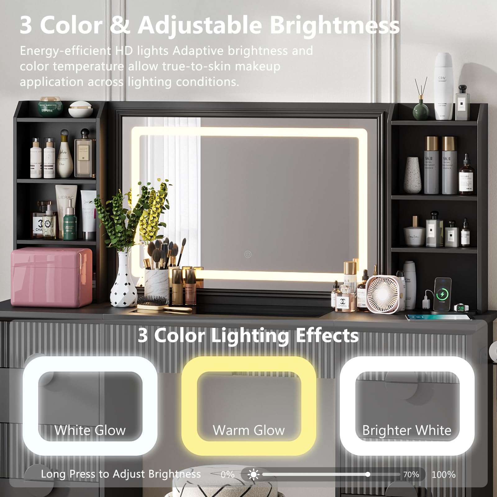 60" Fluted Vanity Desk with Mirror and Lights