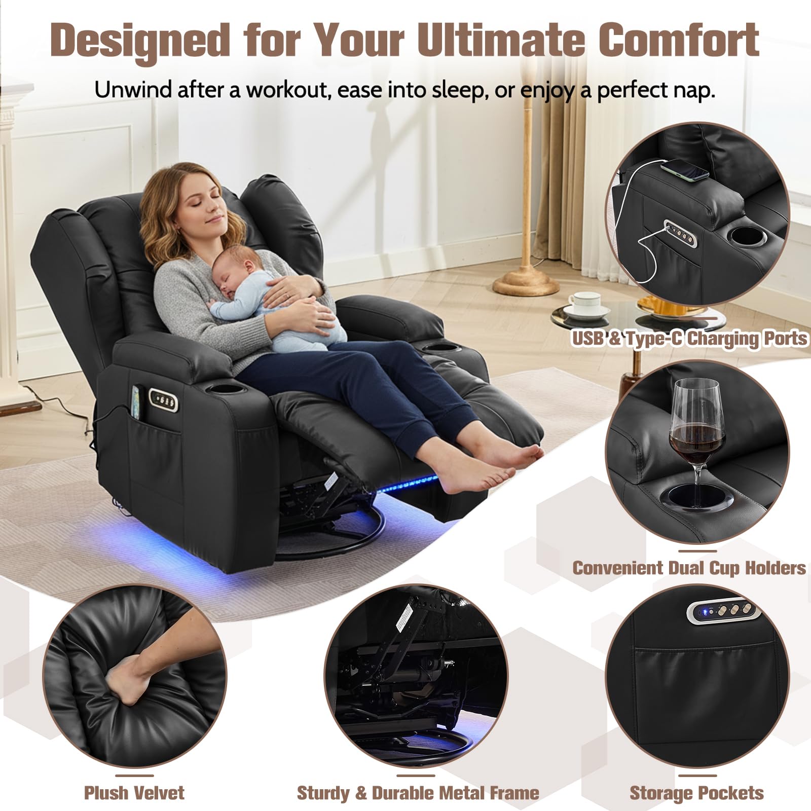TCGBKAF Swivel Rocker Recliner,Power Recliner Chairs for Adults,240°Swivel Rocking Chair with Massage and Heat,Nursery Glider Recliner with Storage,Cup Holders for Living Room (PU Leather, Black)