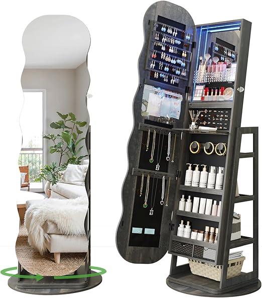 Full Length Mirror Jewelry Cabinet with LED Lights and Storage