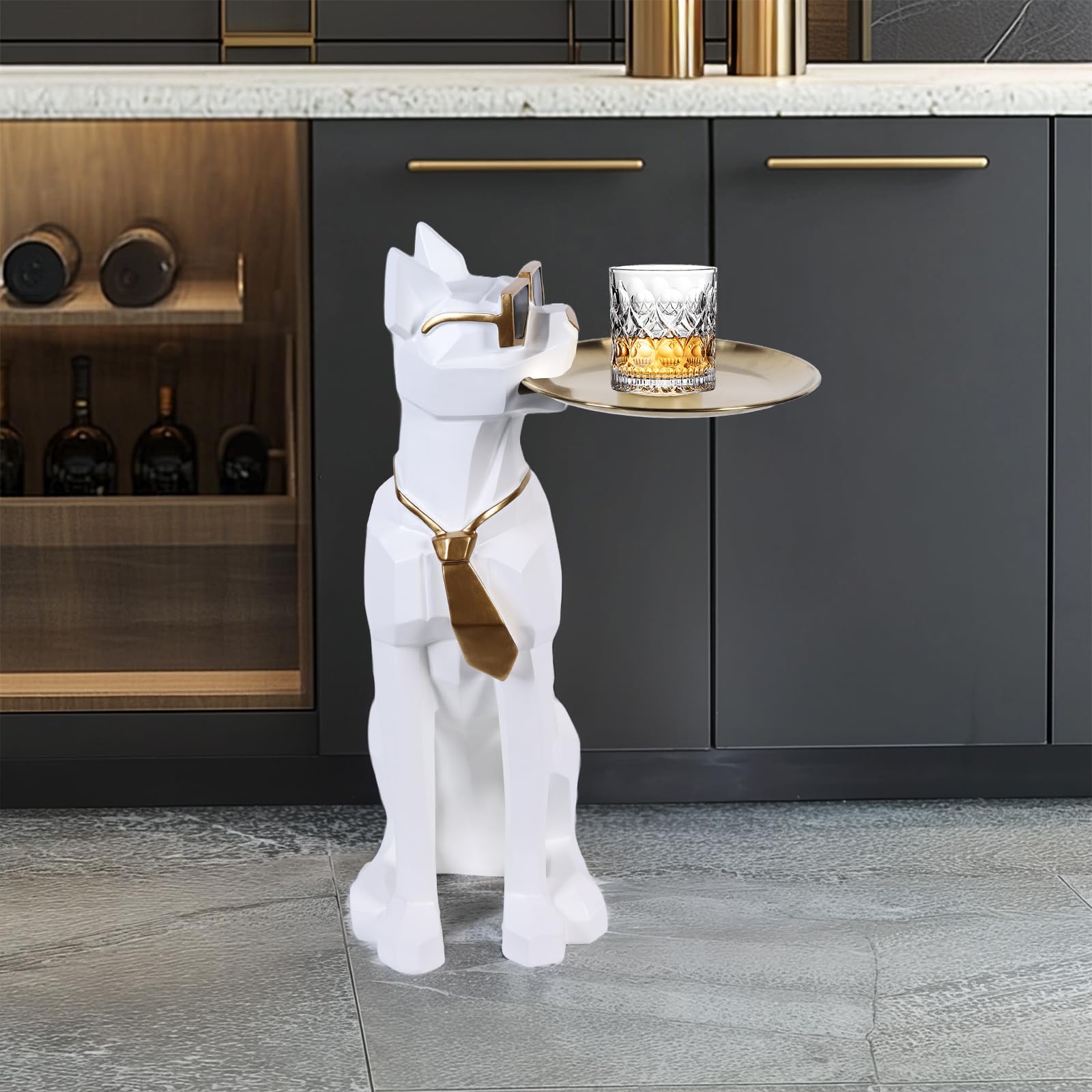 Resin Dog Side Table with Tray and Tissue Box Holder