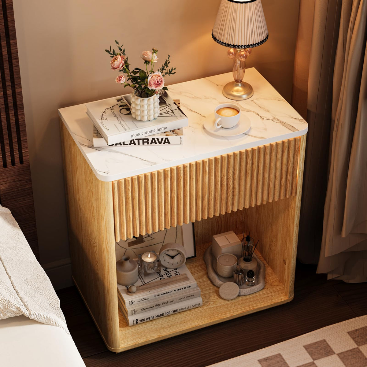 Modern Fluted Nightstand Set of 2 with Drawer and Open Shelf