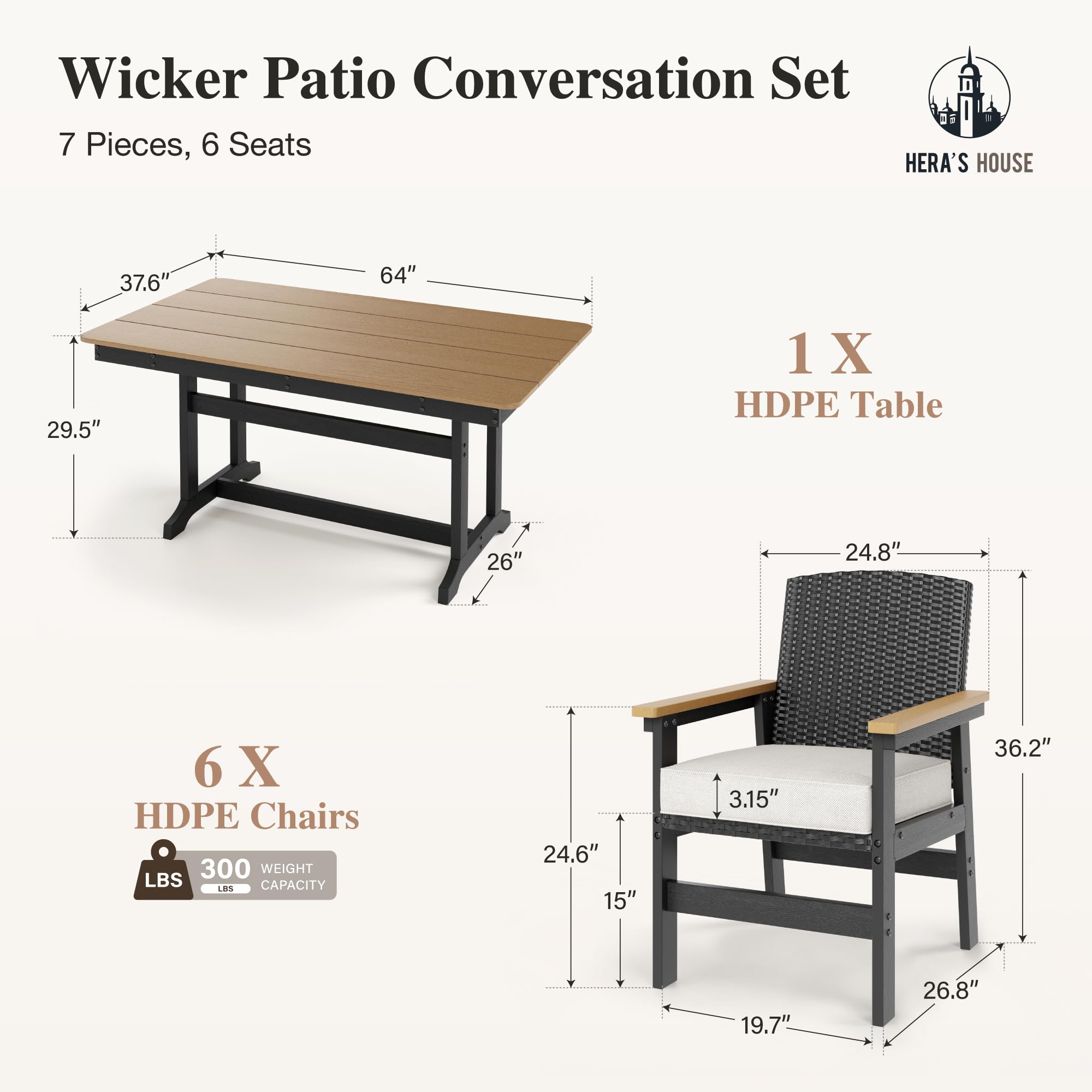 7-Piece Patio Dining Set with HDPE Table and Wicker Chairs