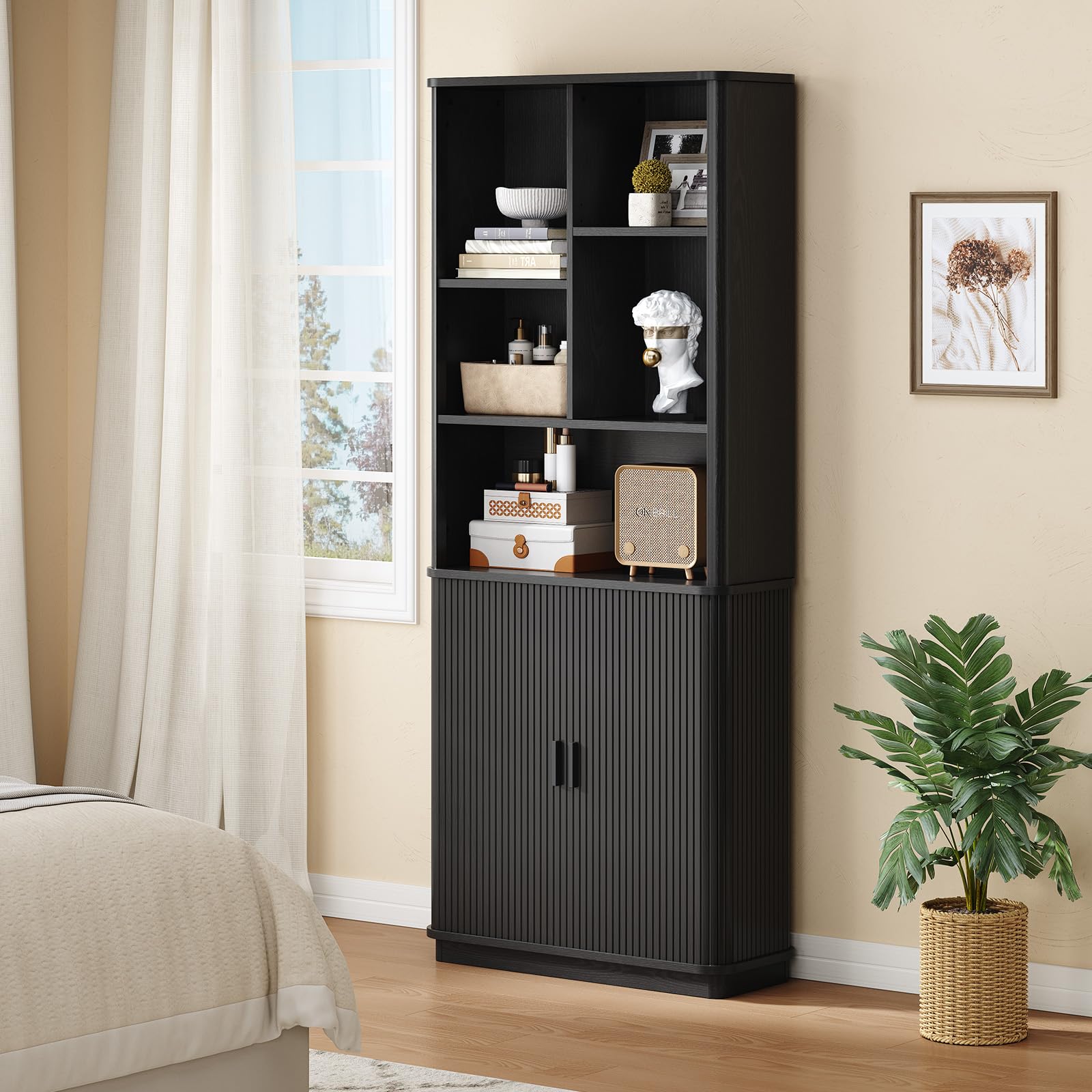 71" Tall Curved Bookshelf with Sliding Door Storage Cabinet