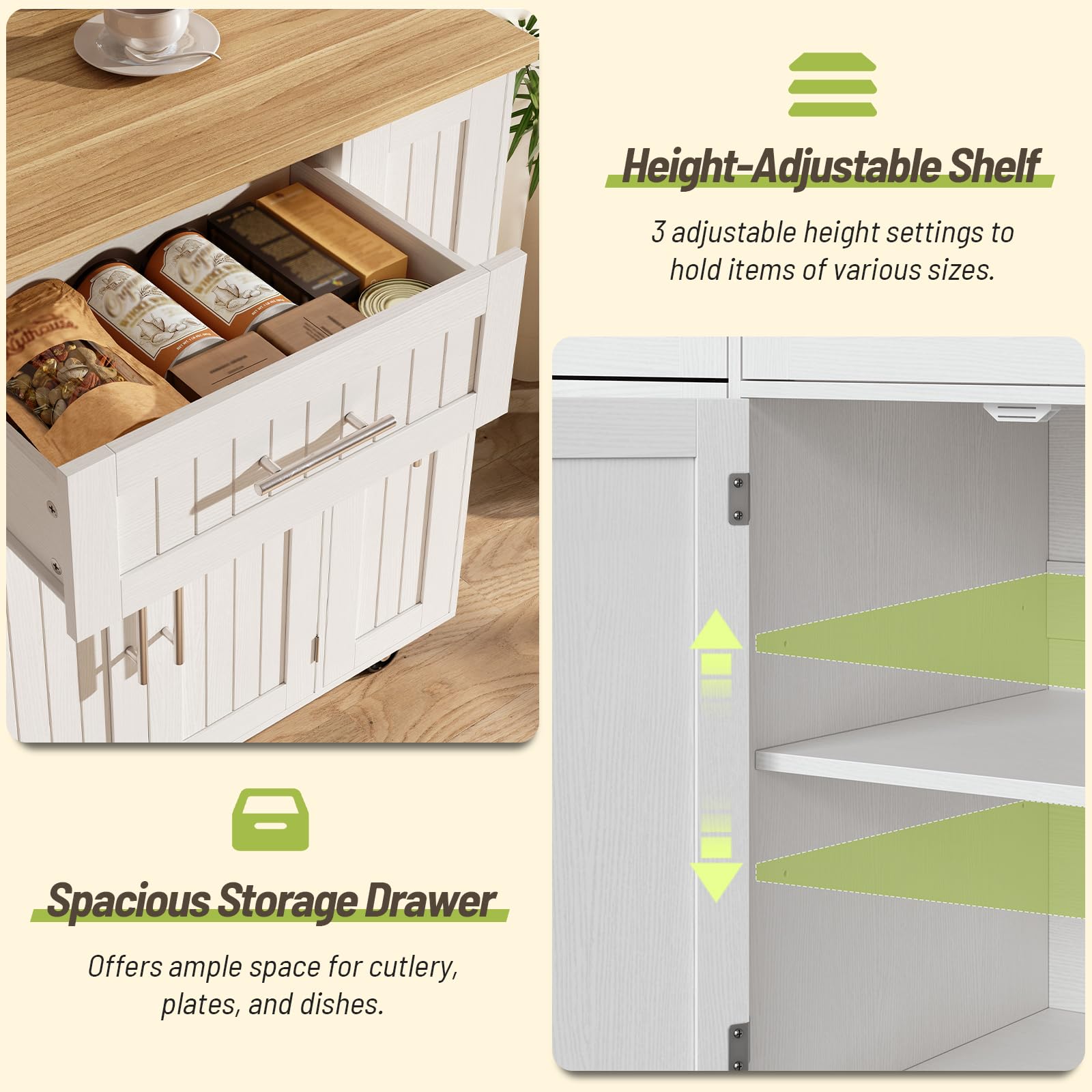 Rolling Kitchen Island Cart with Storage and Charging Station