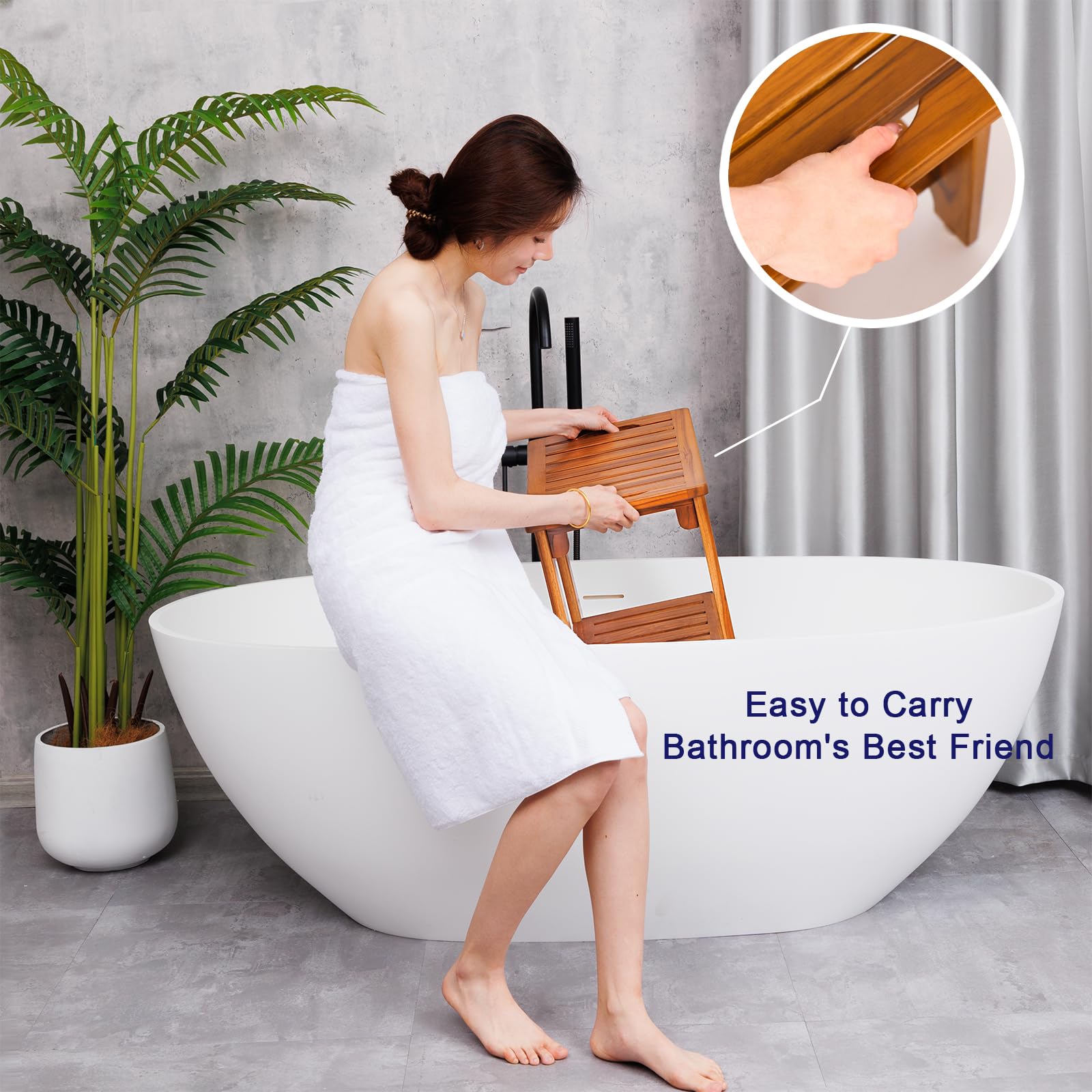 Compact Teak Shower Stool with Shelf and Handle