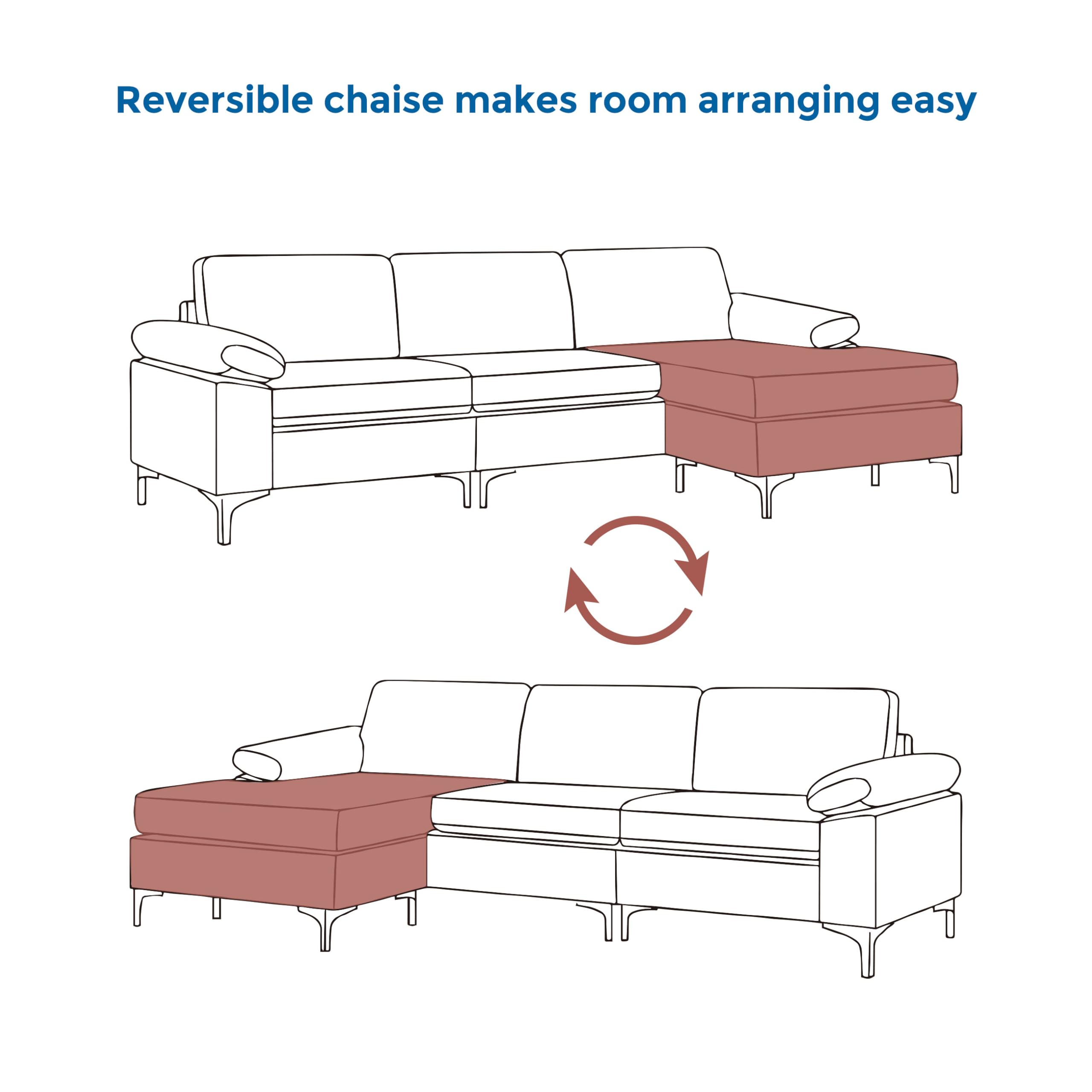 VANOMi 100" Faux Leather Sofa with Convertible Chaise, L-Shaped Leather Sectional Couches for Living Room, Apartment, Bedroom, Office, 3-Seater,Modular, Dark Brown