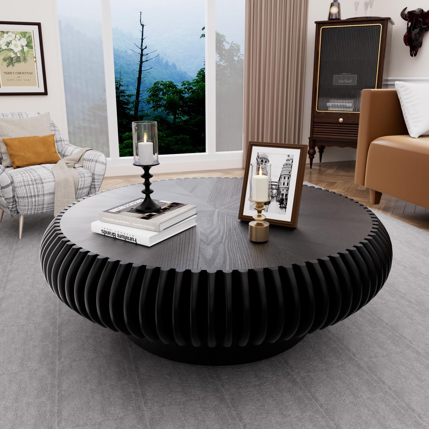 Round Fluted Coffee Table 39.3" Black