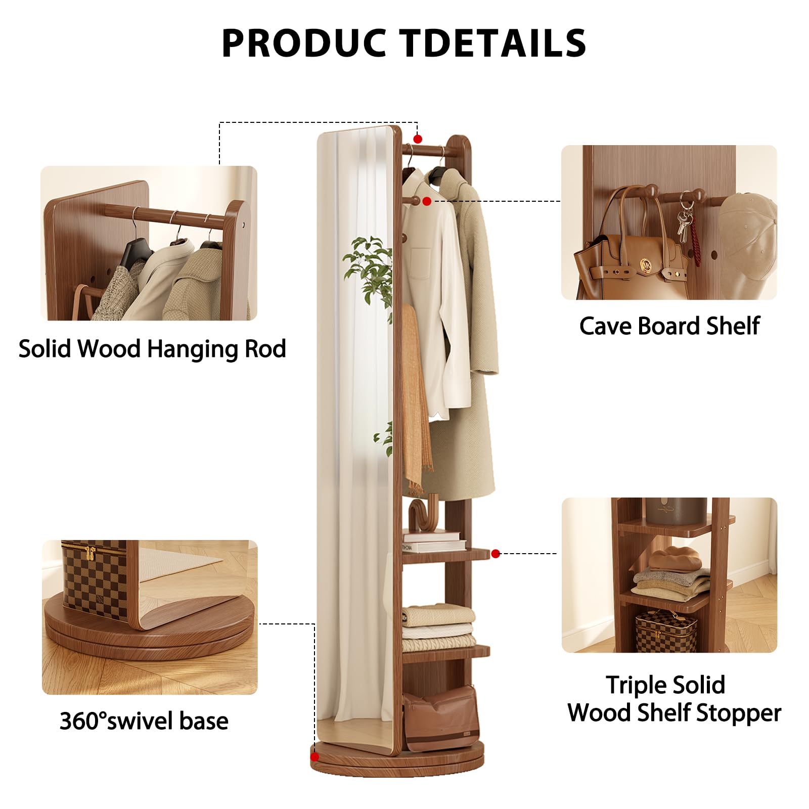 69" Full Length Floor Mirror with Storage Hooks
