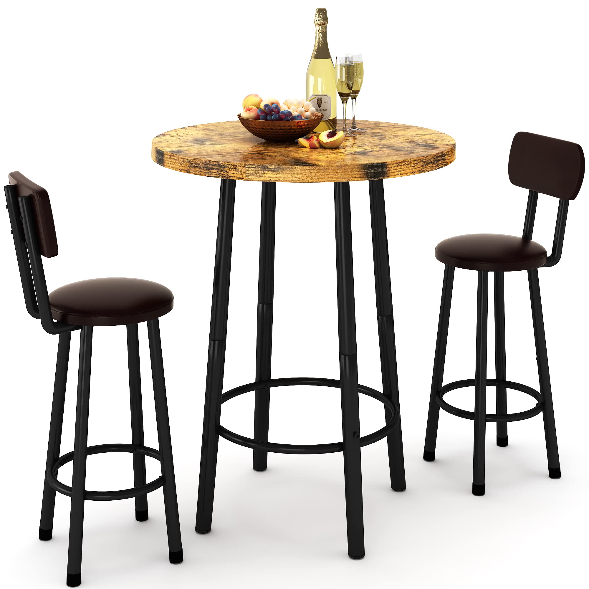 3 Piece Pub Dining Set Round Bar Table with Stools
