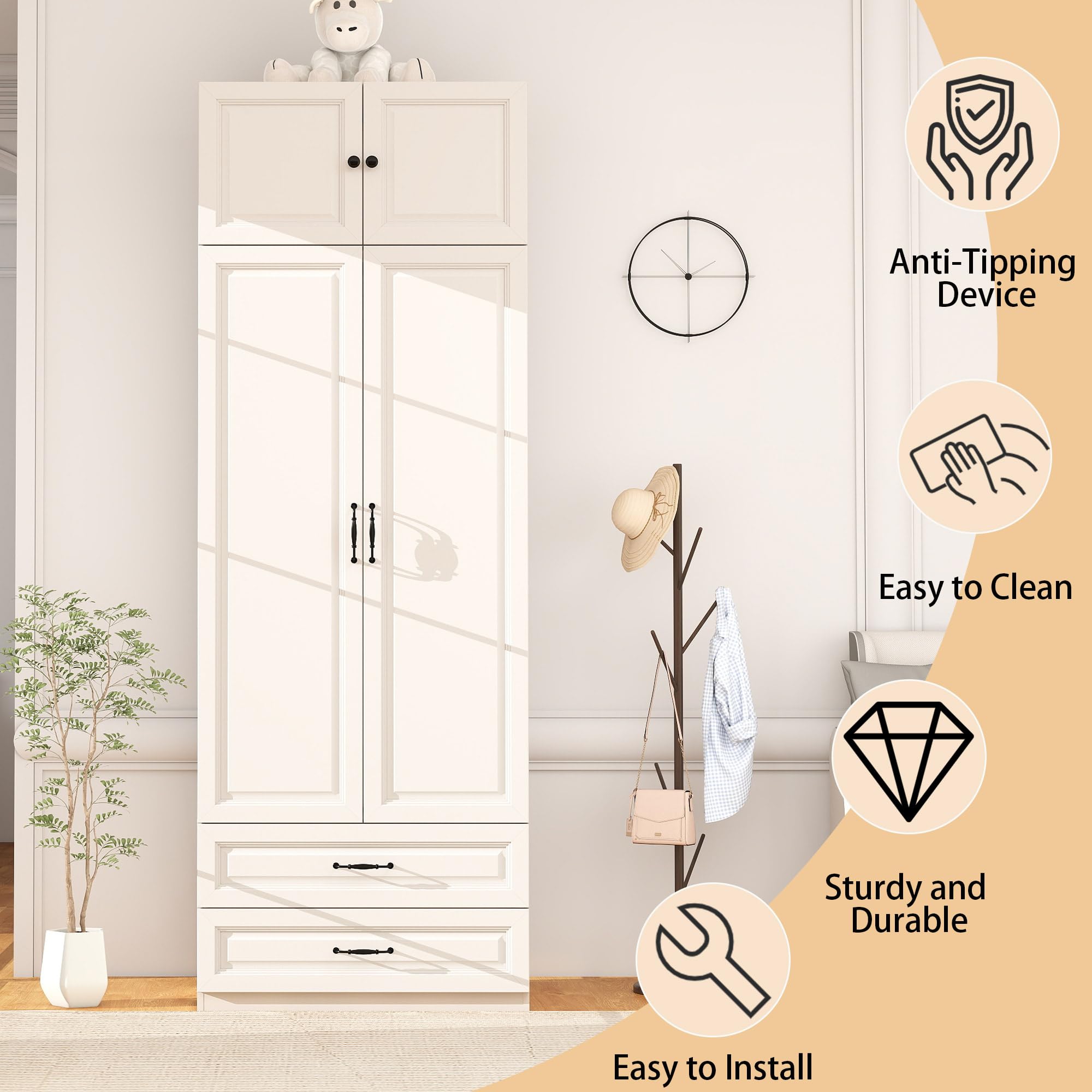 White Armoire Wardrobe Closet with Drawers and Hanging Rod