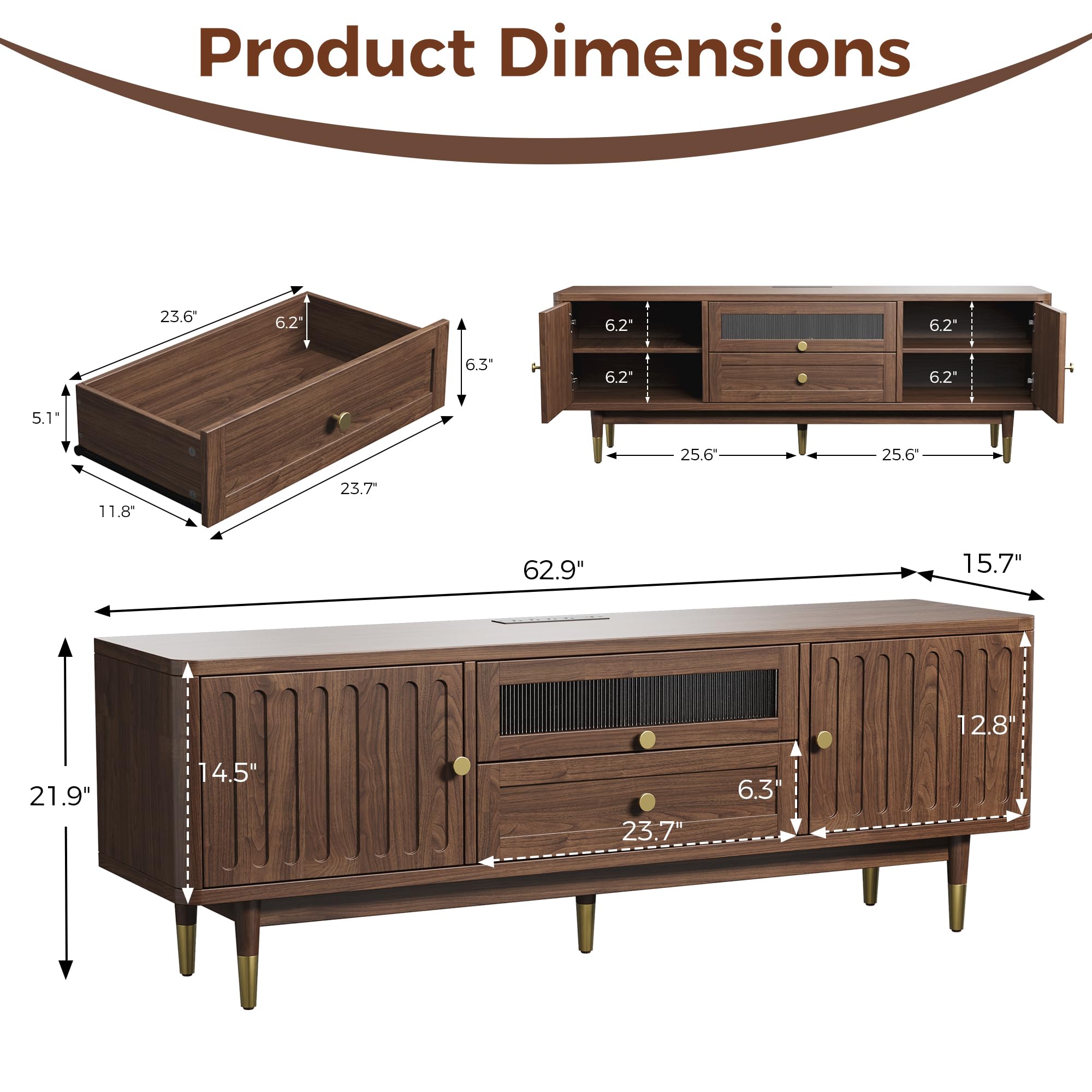 63" Mid Century Modern TV Stand with LED Lighting and Charging Station