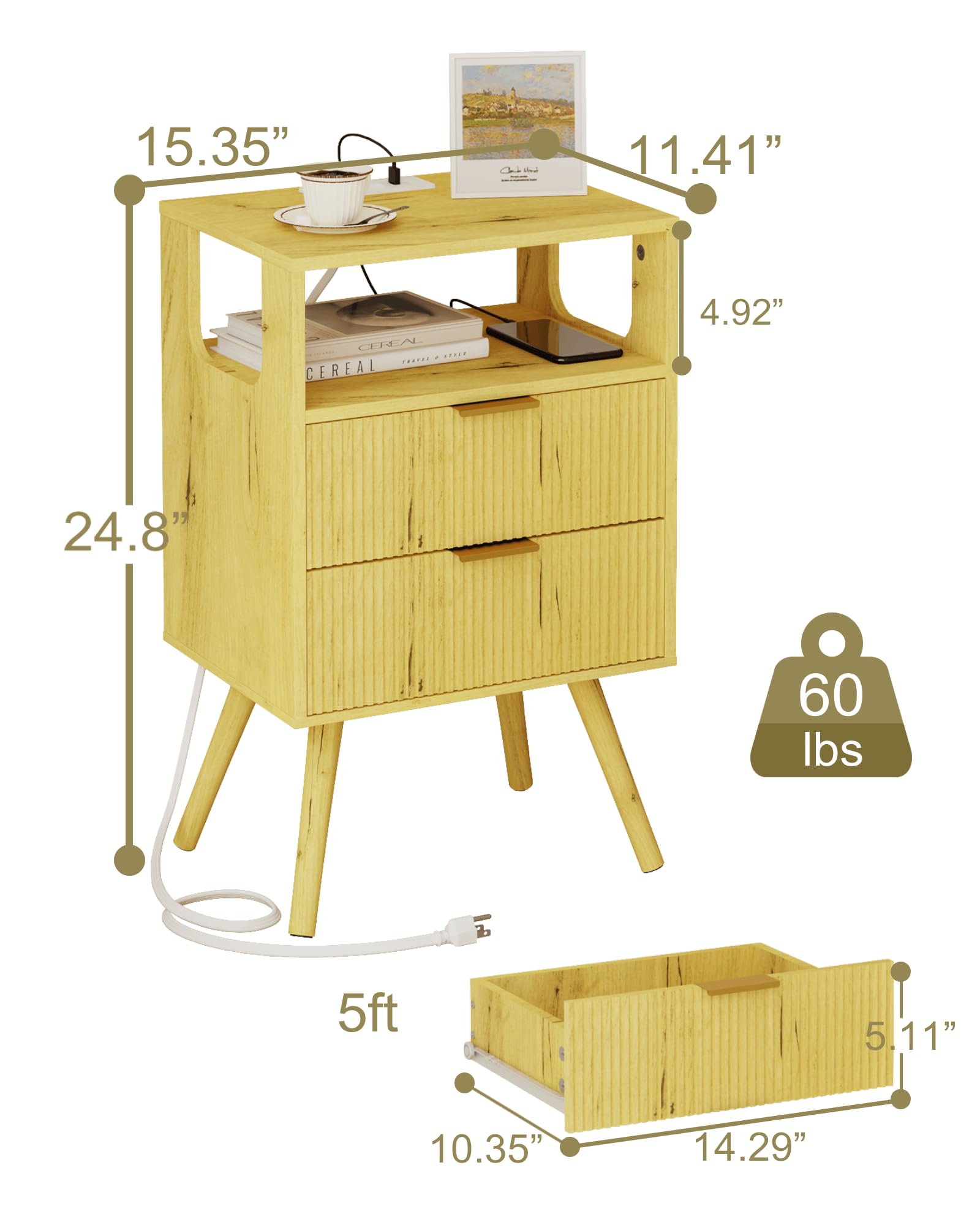 JOONEE Nightstand with Charging Station and LED Lights,Modern Bedside Table with 2 Storage Drawer and Open Wood Shelf, for Bedroom and Small Spaces,Night Stand with Solid Wood Legs (Yellow Oak)