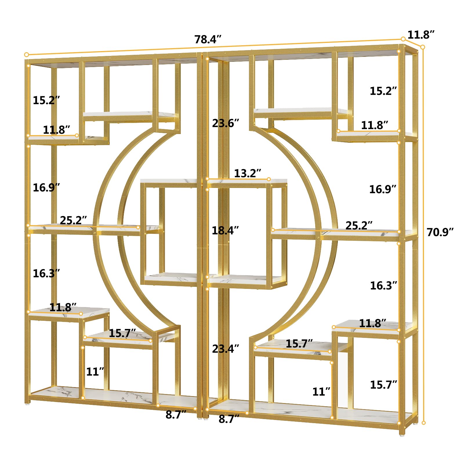 70.8 Inch Tall Etagere Bookcase Set of 2 White Gold