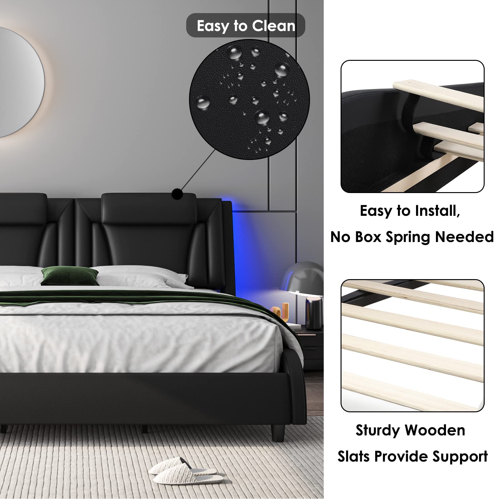 Modern Upholstered Platform Bed Frame with Adjustable LED Headboard - Queen
