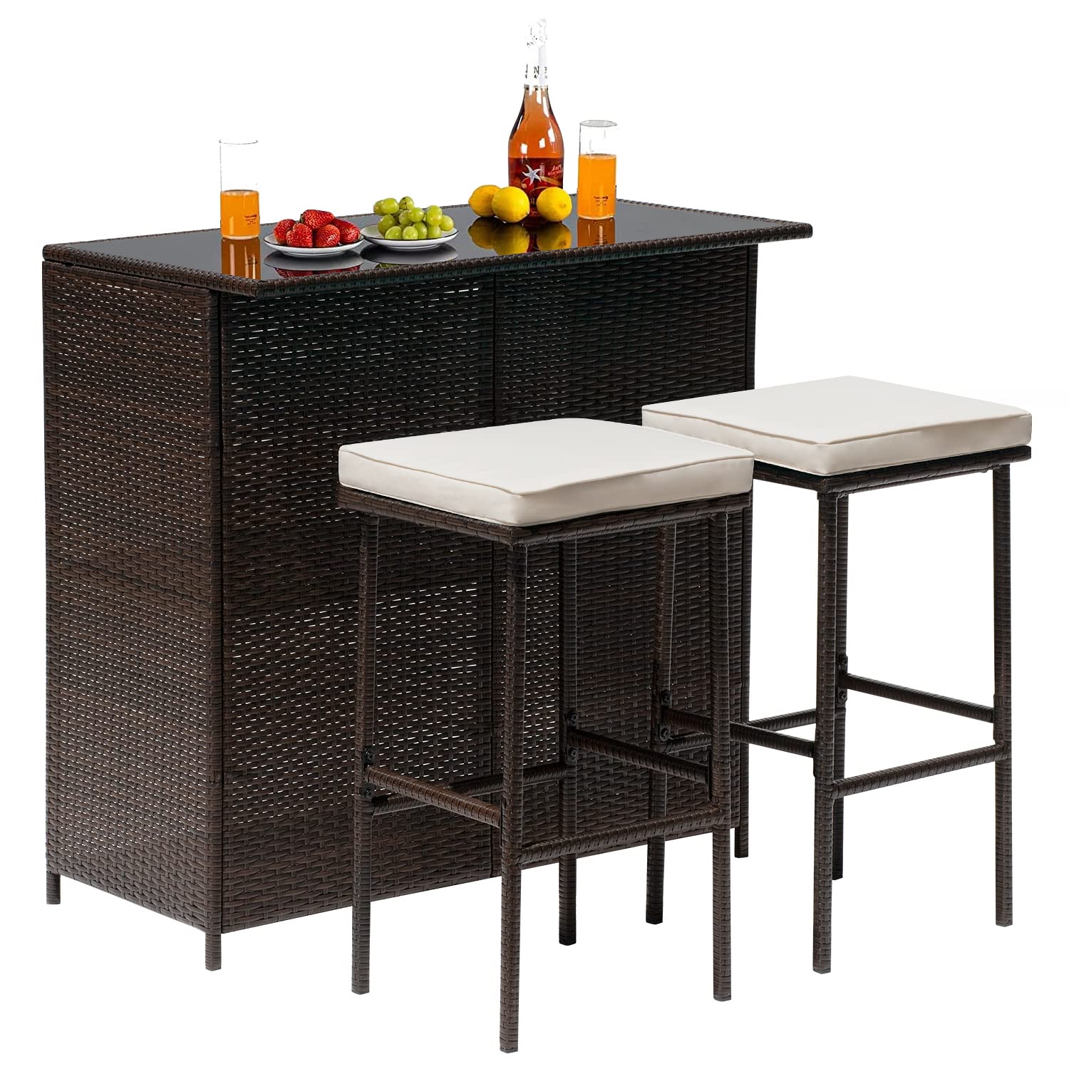 3-Piece Wicker Patio Bar Set with Glass Top Table