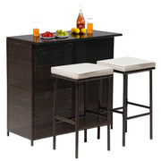 3-Piece Wicker Patio Bar Set with Glass Top Table