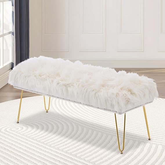 White Faux Fur Upholstered Bench with Wooden Legs