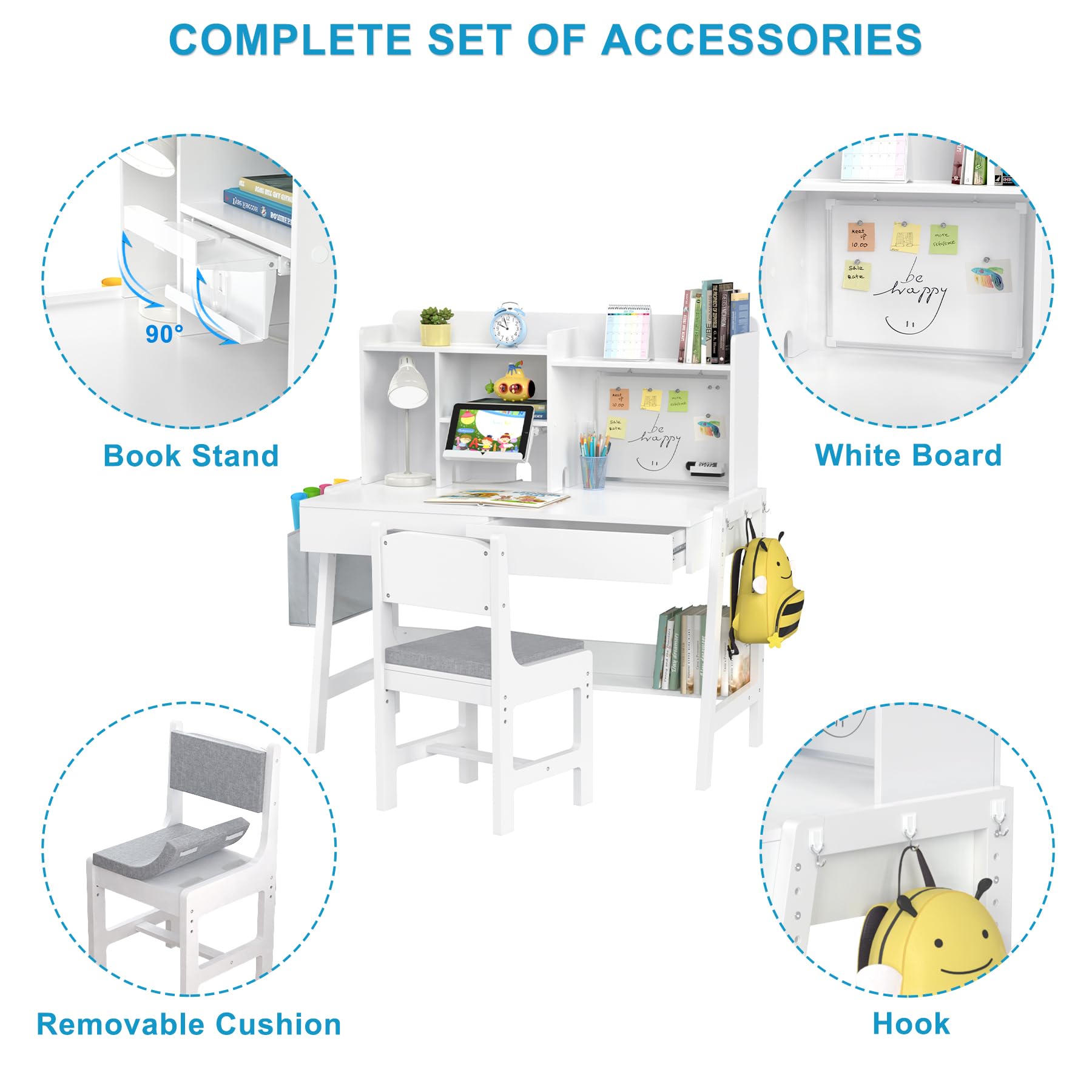 Kids Study Desk and Chair Set - Adjustable Height with Storage