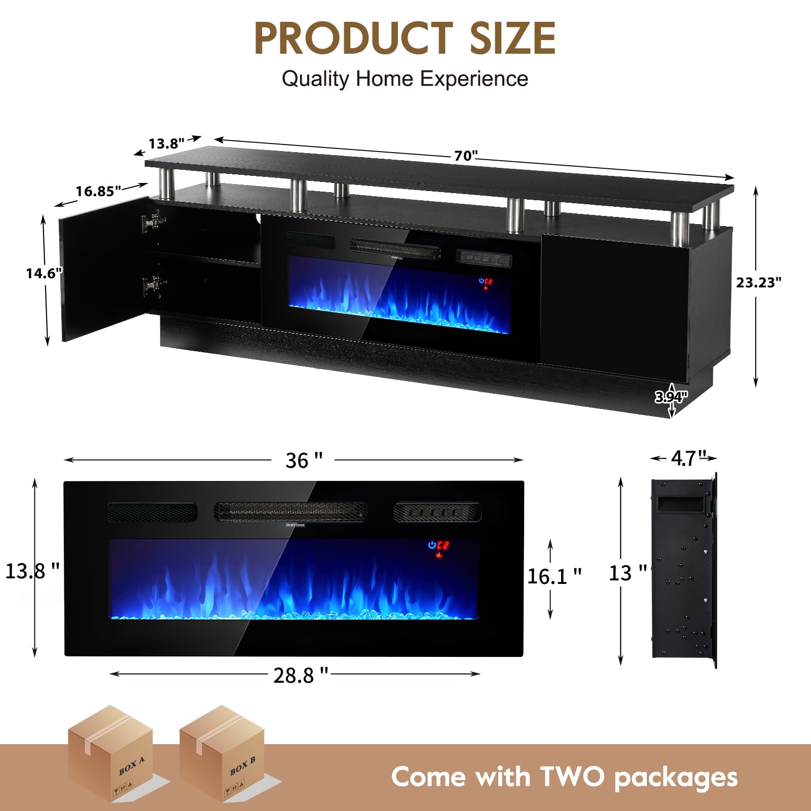 70" TV Stand with Electric Fireplace and Storage Cabinet