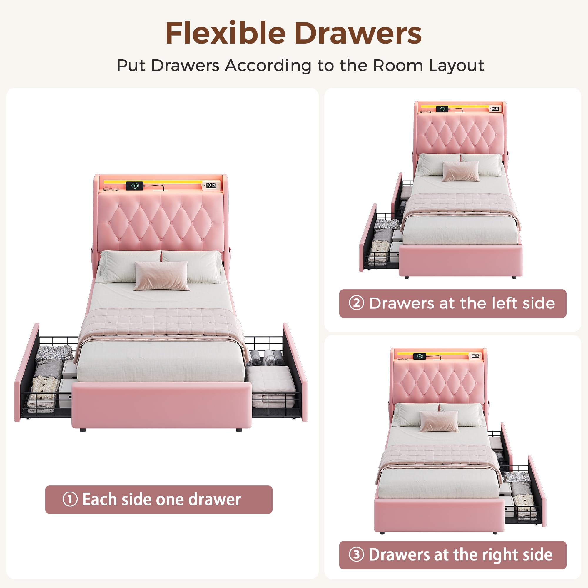 Twin LED Velvet Bed Frame with Storage Drawers and Charging Station