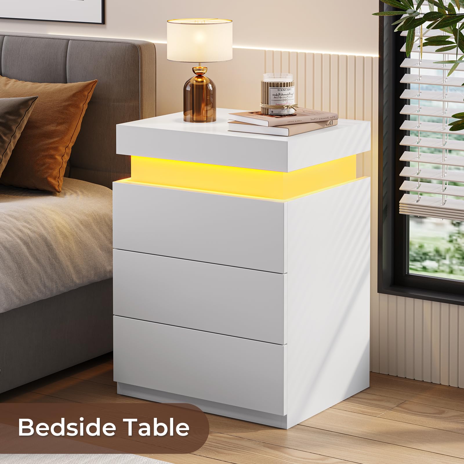 LED Nightstand with Charging Station and Sliding Top